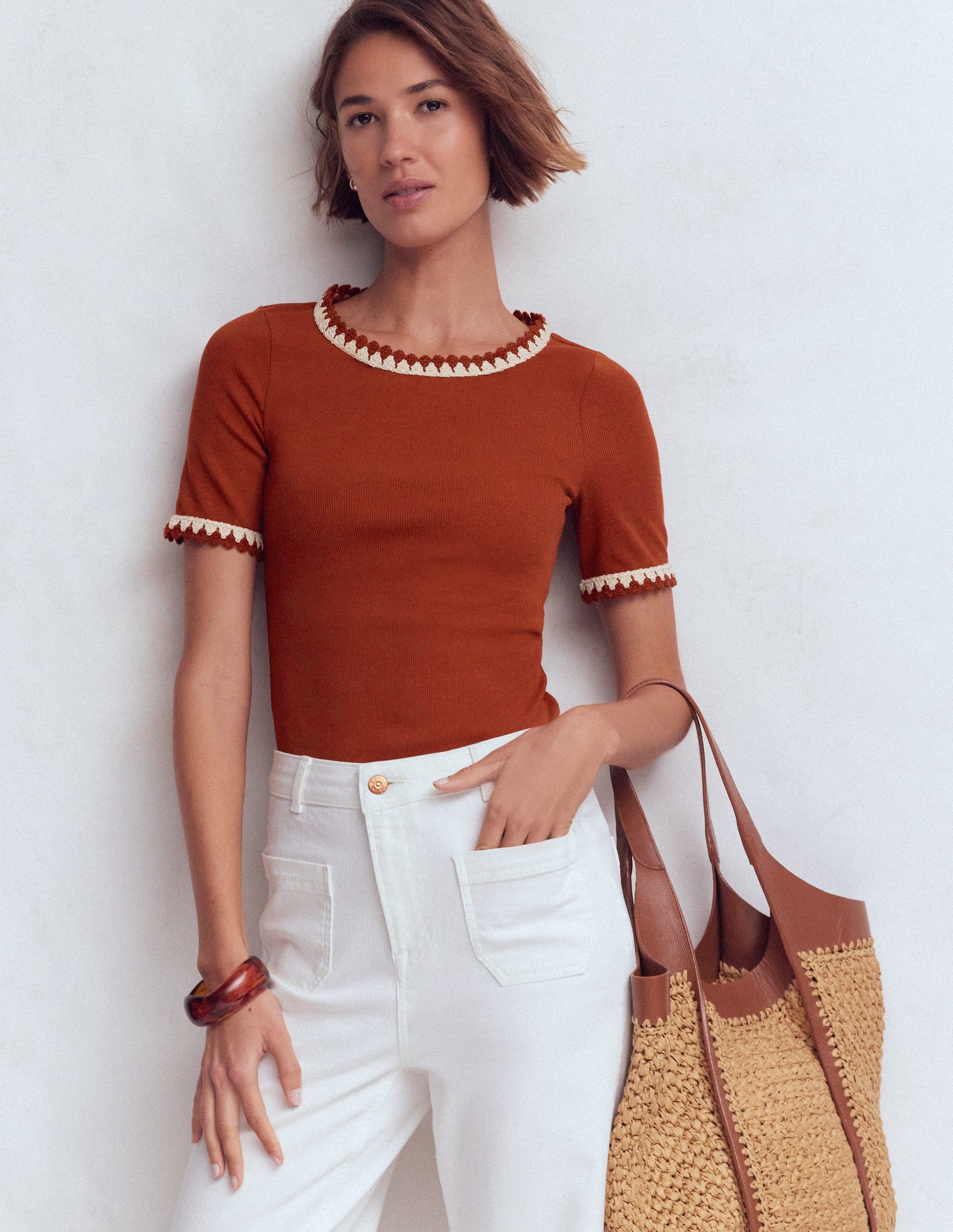 Maddie Trim Detail T-Shirt-Burnt Orange-1