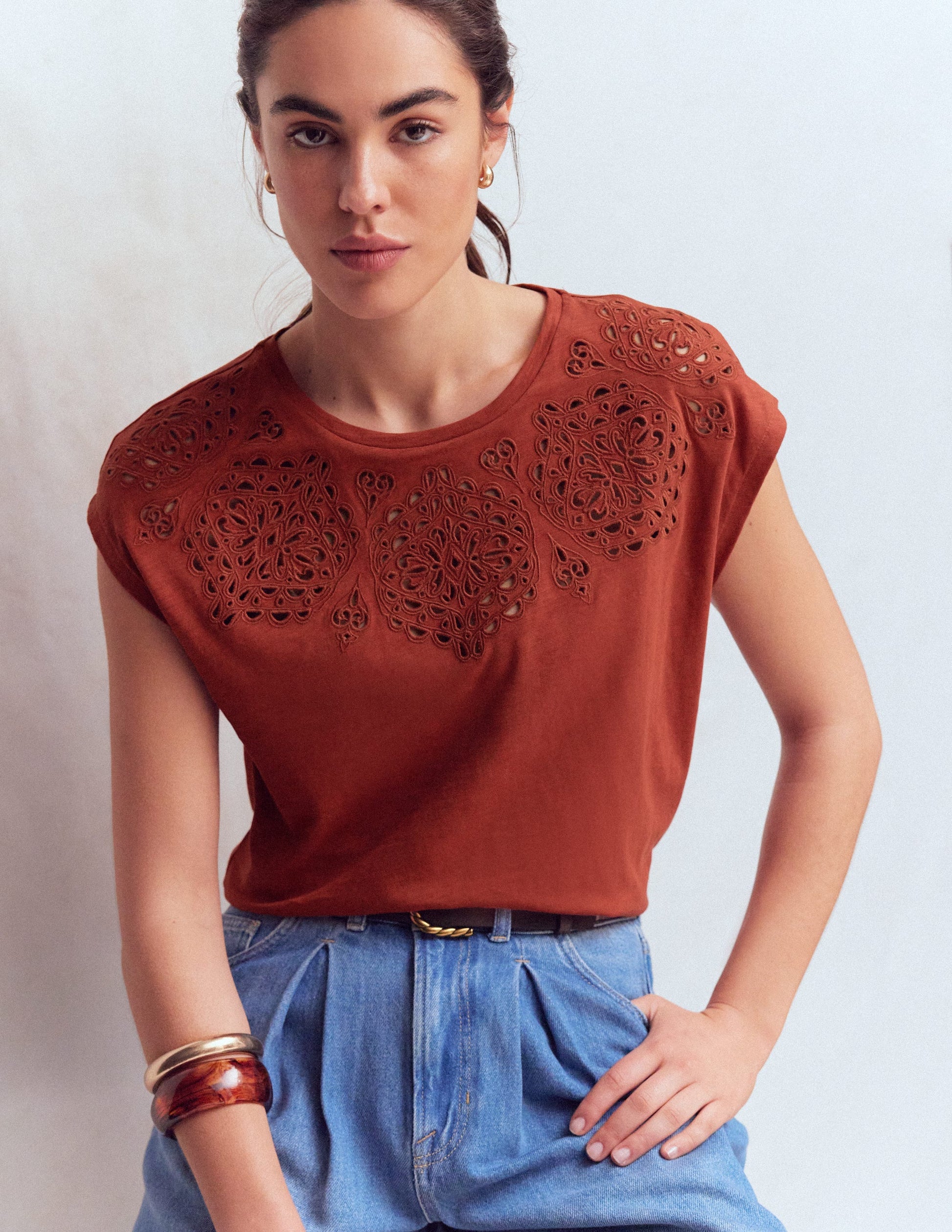 Willow Broderie T-shirt-Burnt Orange-1