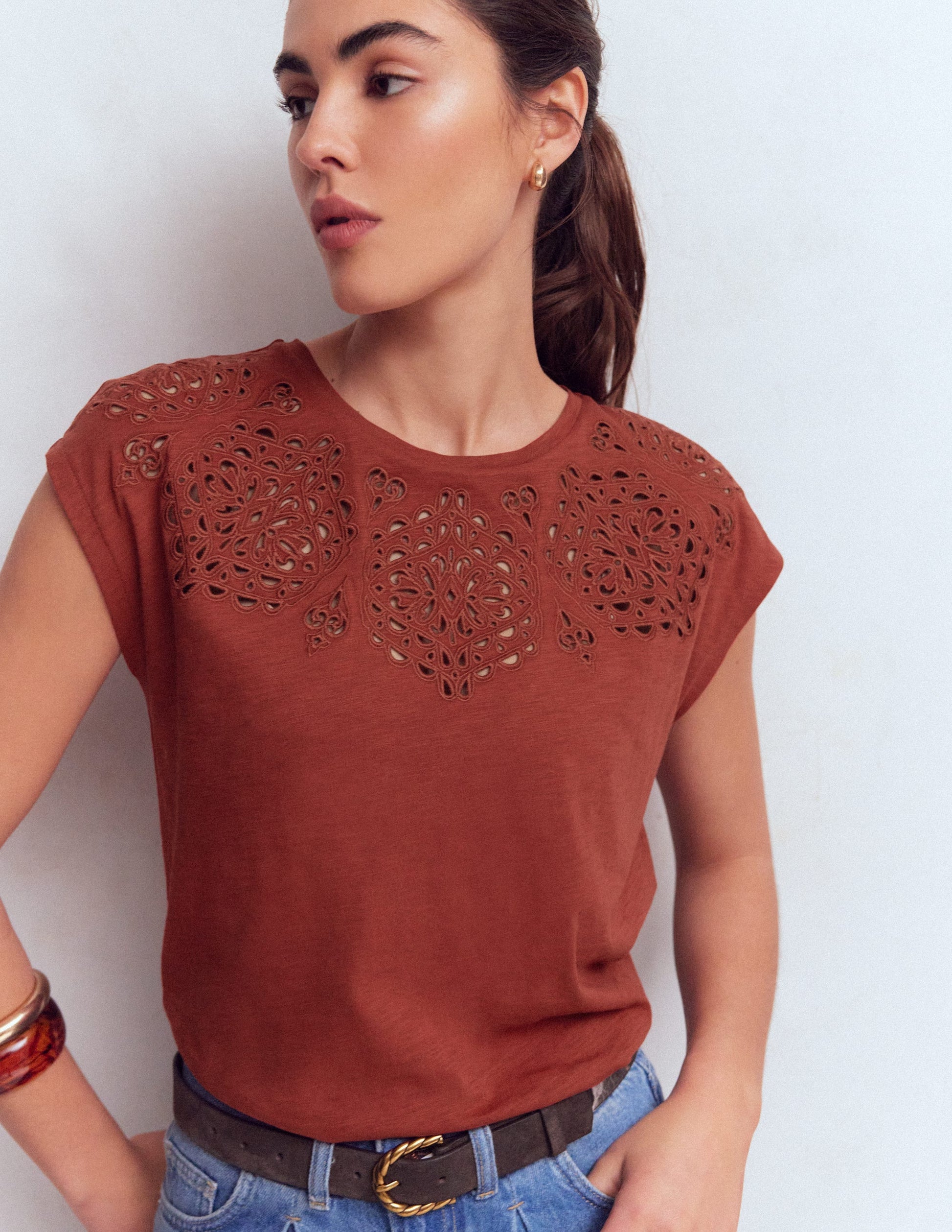 Willow Broderie T-shirt-Burnt Orange-4