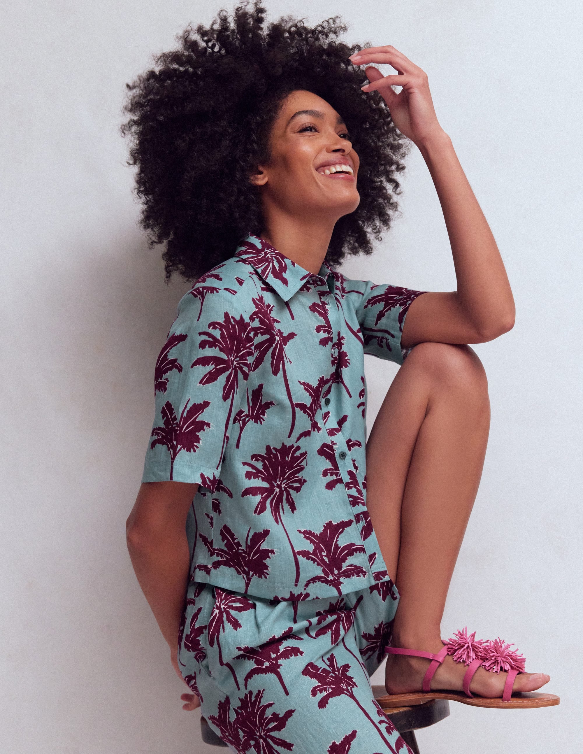Short Sleeve Linen Shirt-Seamist Blue, Palm Paradise - Image 1