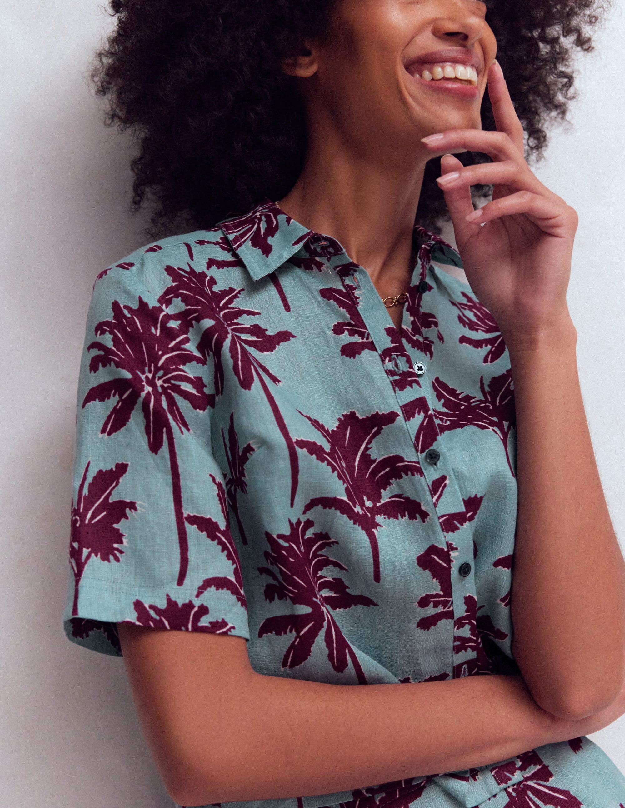 Short Sleeve Linen Shirt-Seamist Blue, Palm Paradise - Image 2