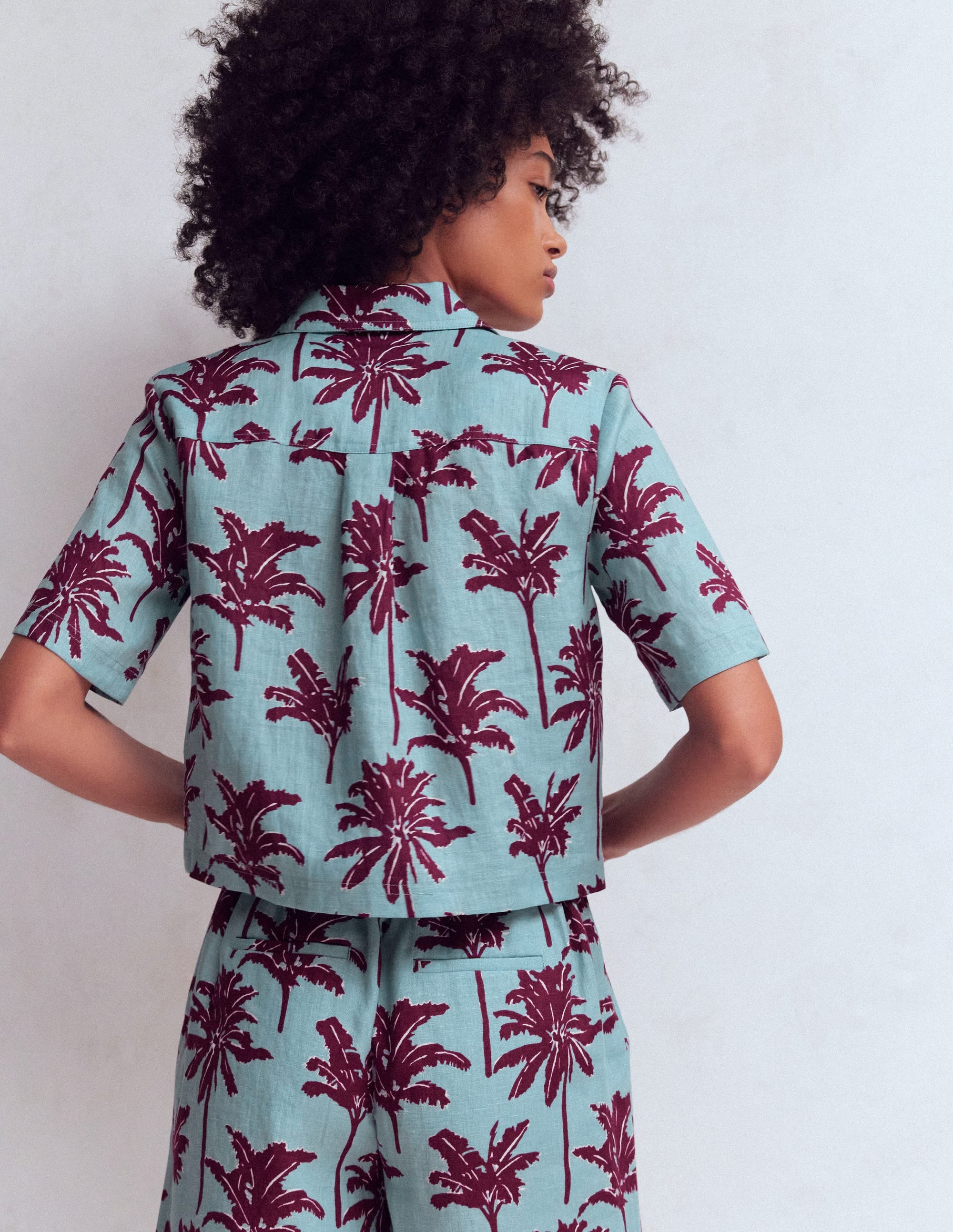 Short Sleeve Linen Shirt-Seamist Blue, Palm Paradise - Image 3