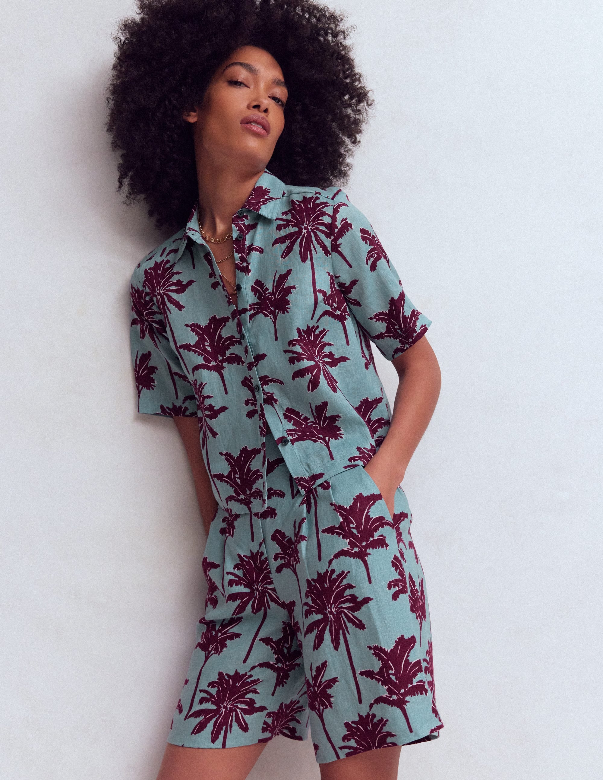 Short Sleeve Linen Shirt-Seamist Blue, Palm Paradise - Image 4