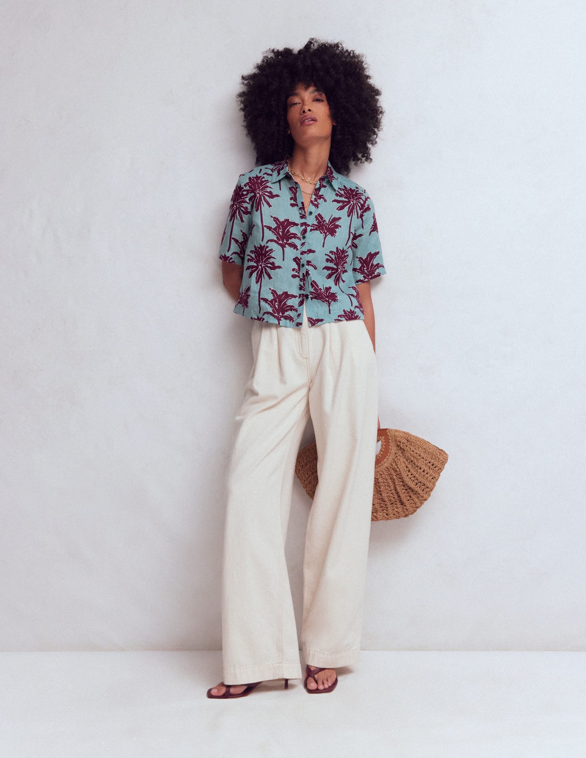 Short Sleeve Linen Shirt-Seamist Blue, Palm Paradise - Image 5