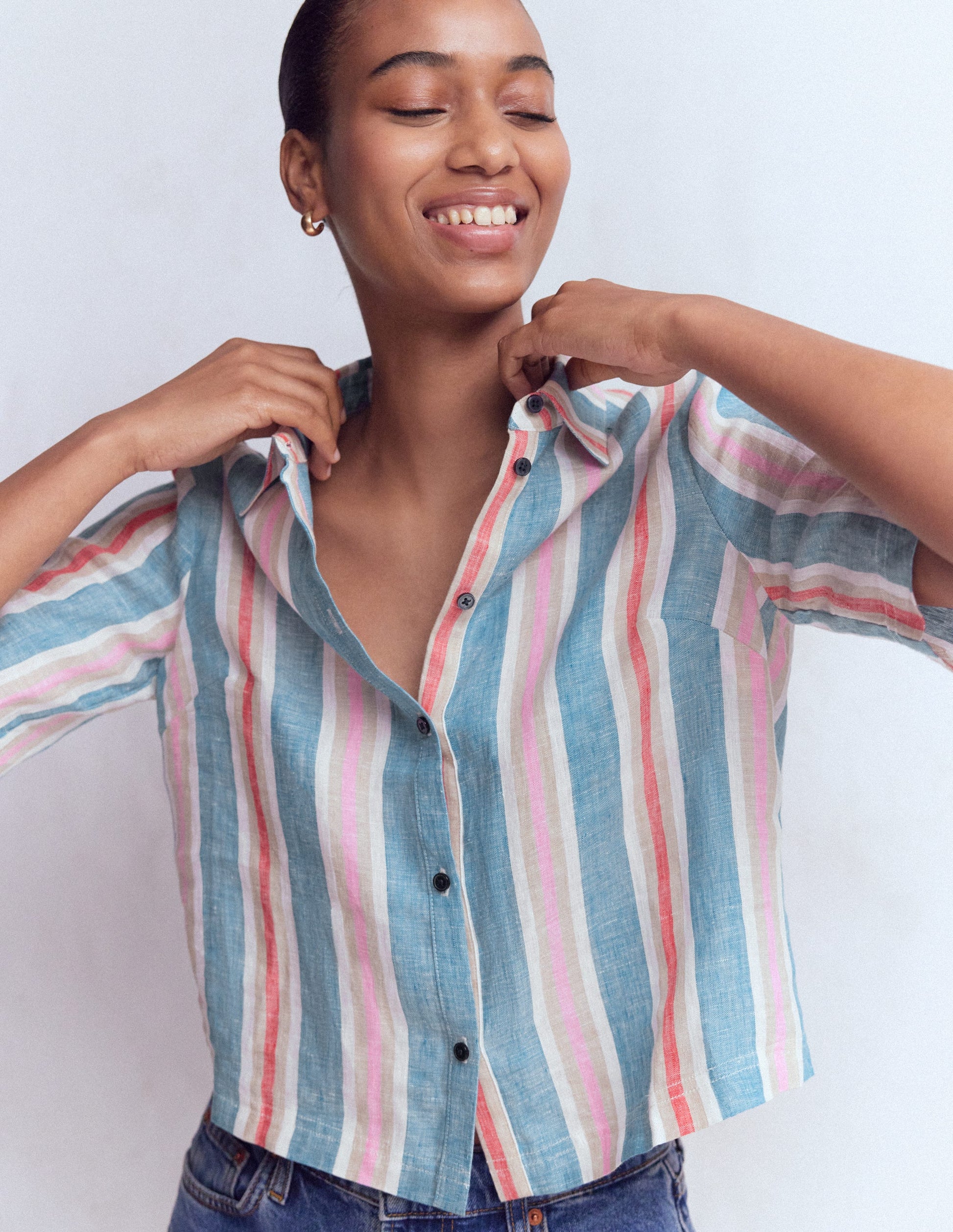 Short Sleeve Linen Shirt-Multi Stripe-1