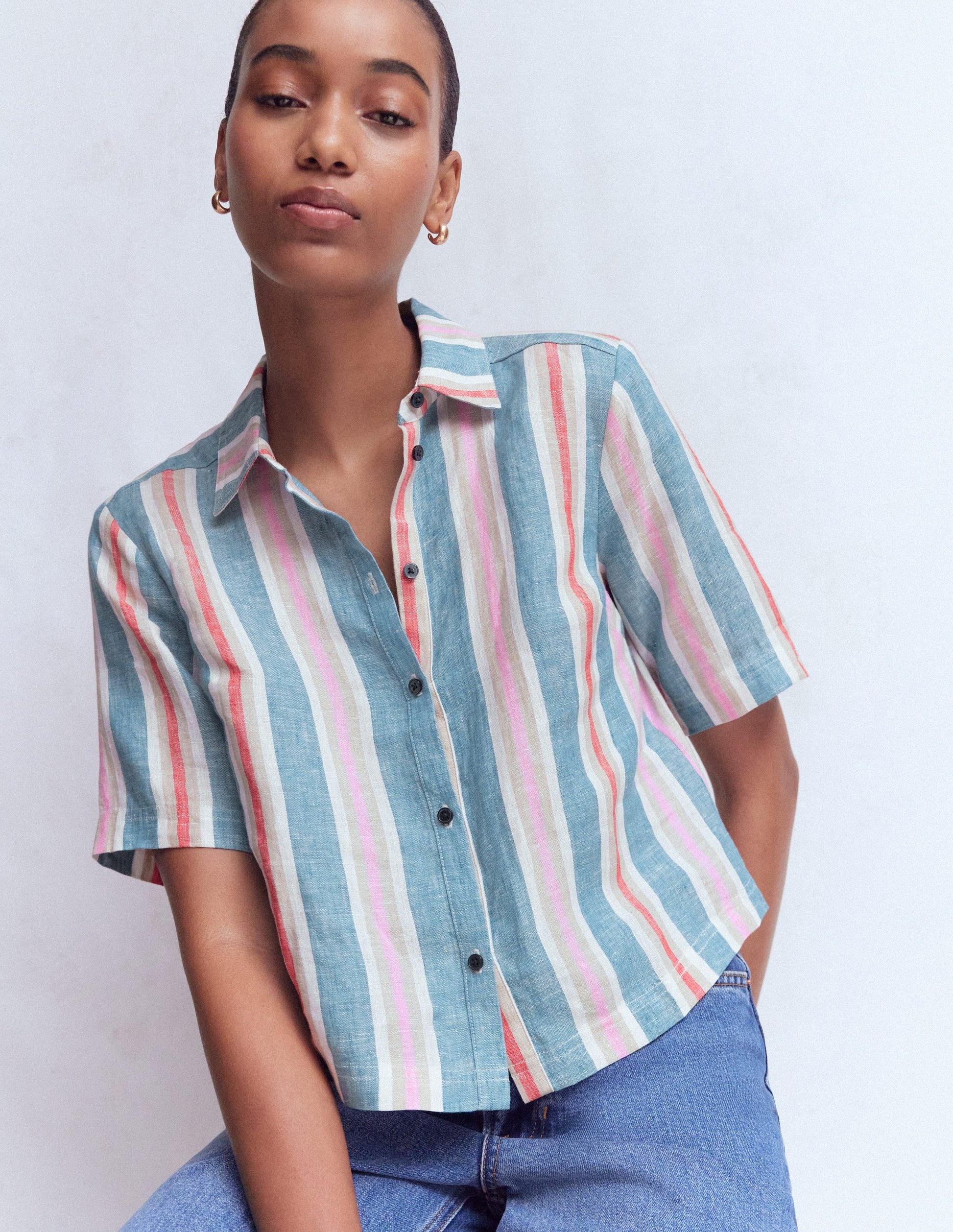 Short Sleeve Linen Shirt-Multi Stripe-4