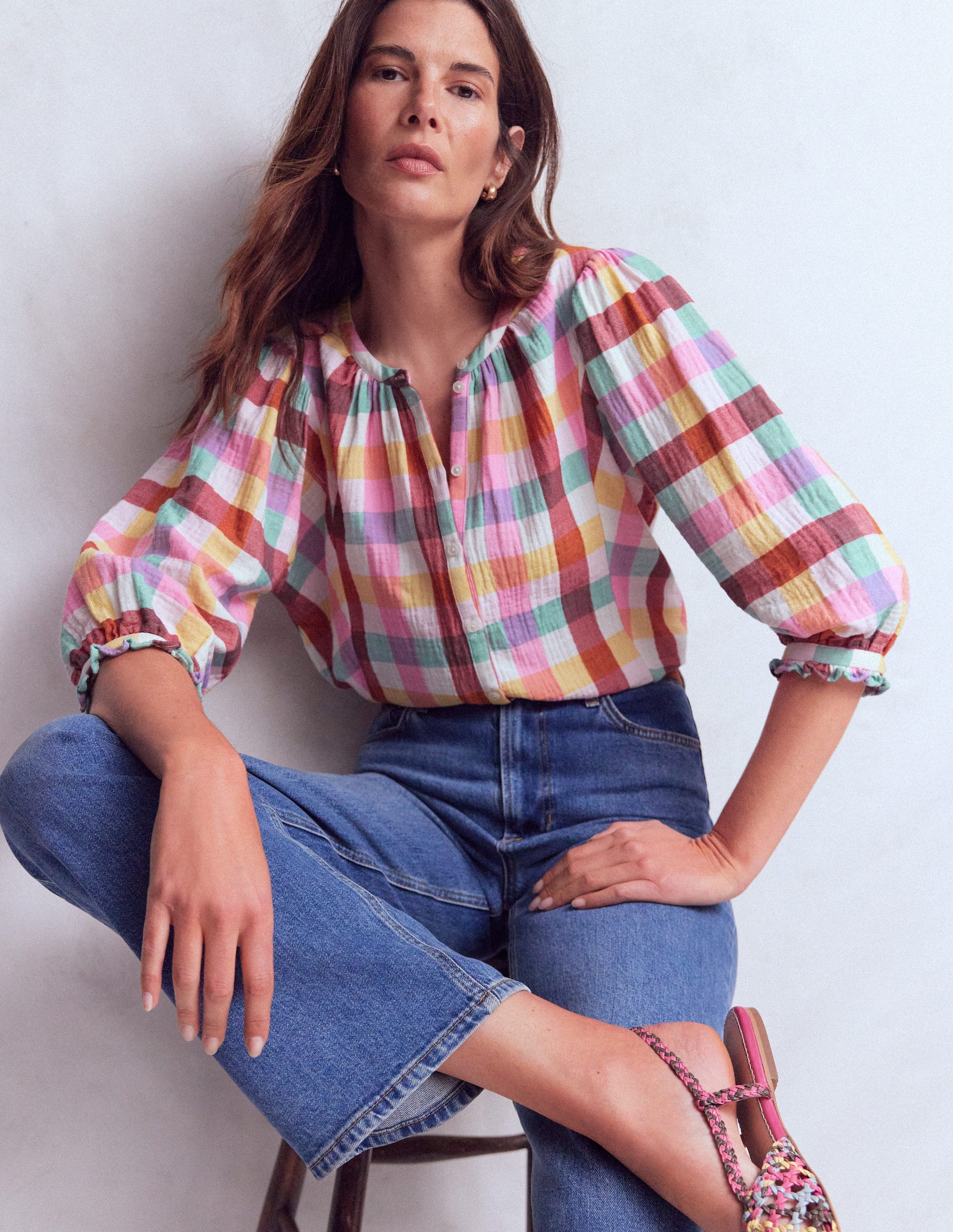Camille Double Cloth Top-Ivory, Pink, Red Multi Gingham-1