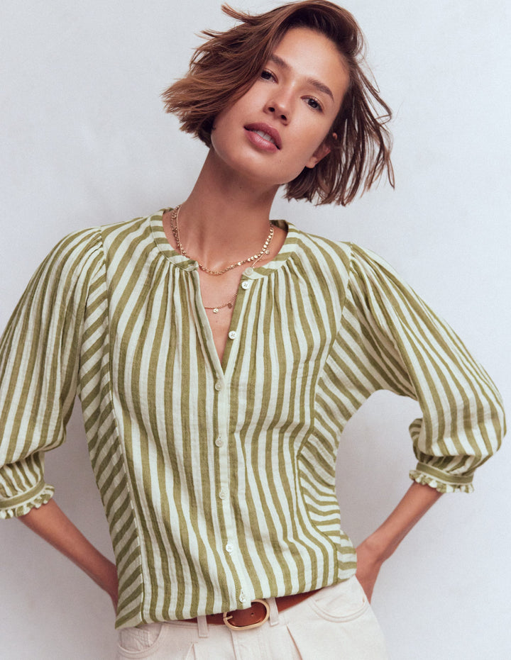 Camille Double Cloth Top-Olive, Ivory Fine Stripe