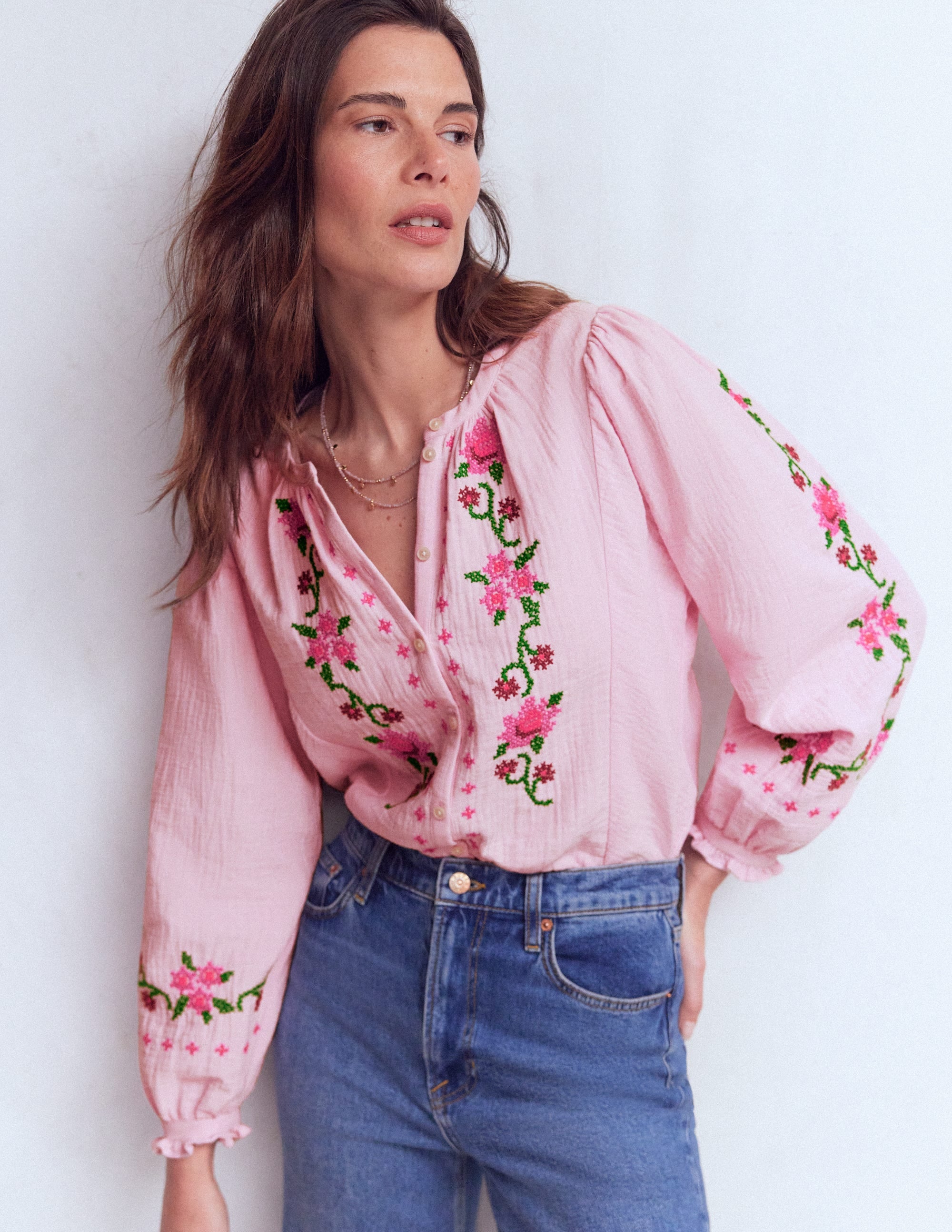 Camille Double Cloth Top - Spring Blossom Pink Embroidery | Boden