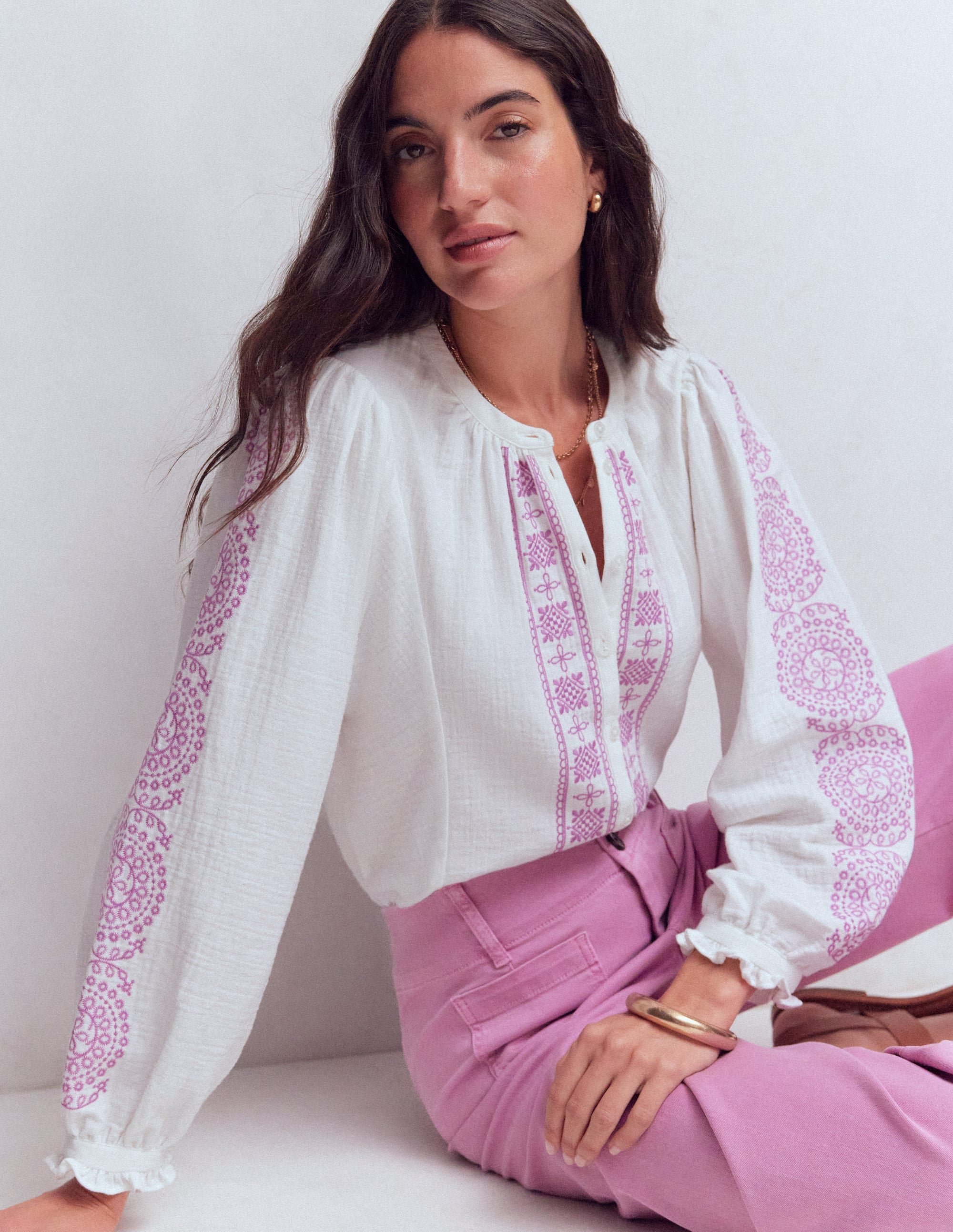 Camille Double Cloth Top-White Embroidery - Image 1