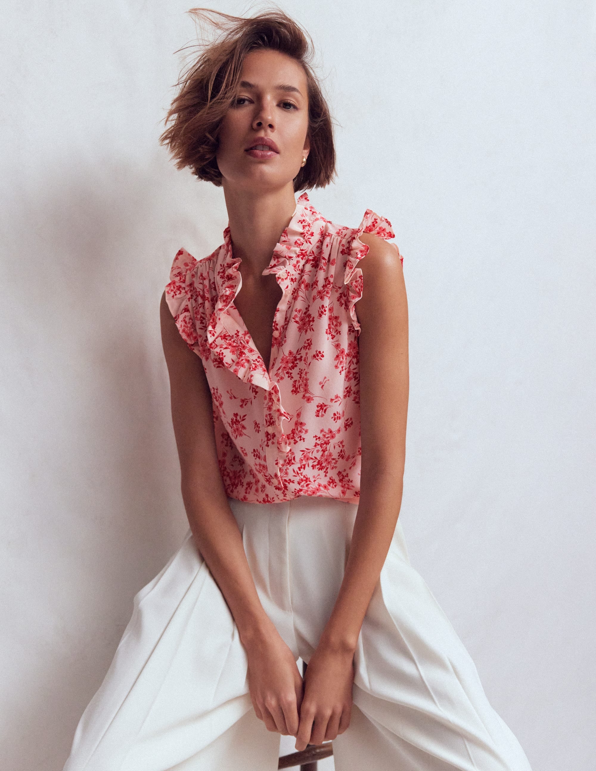 Isabel Sleeveless Silk Top-Pink, Bloom Scatter Mono - Image 1