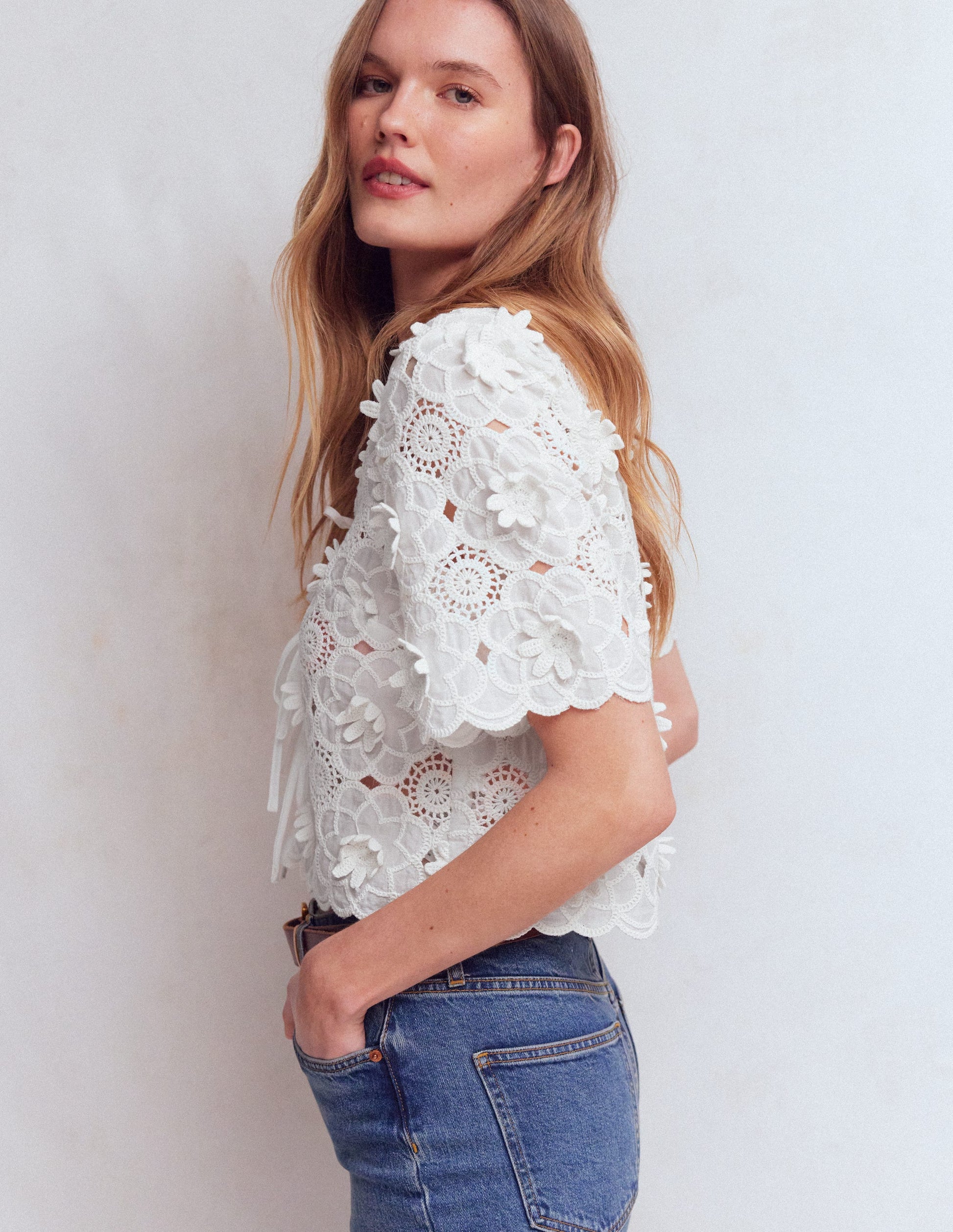 Tie Front Lace Top-White-1