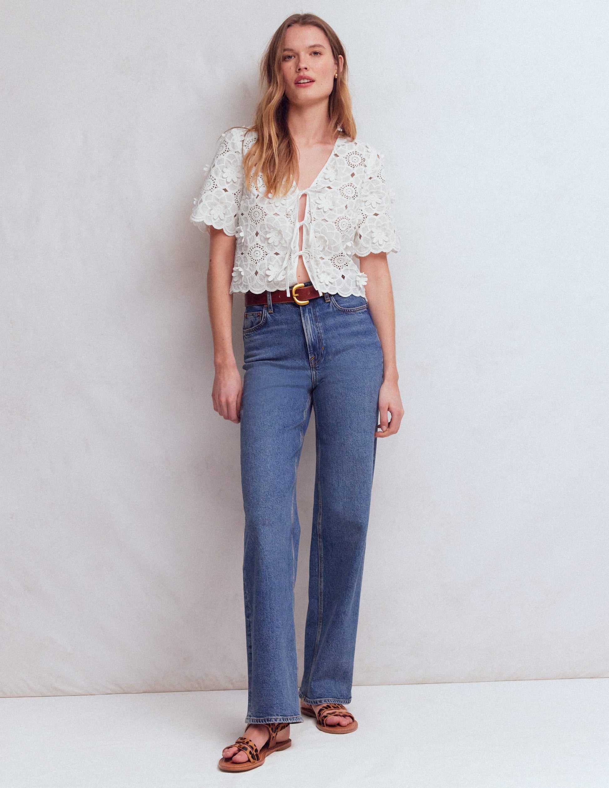 Tie Front Lace Top-White-4