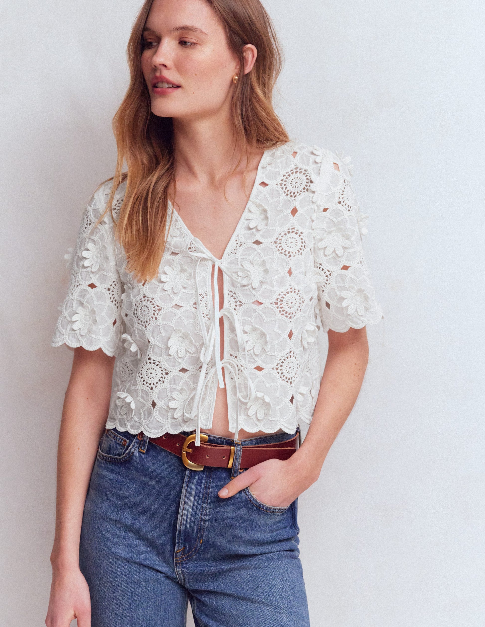 Tie Front Lace Top-White-5