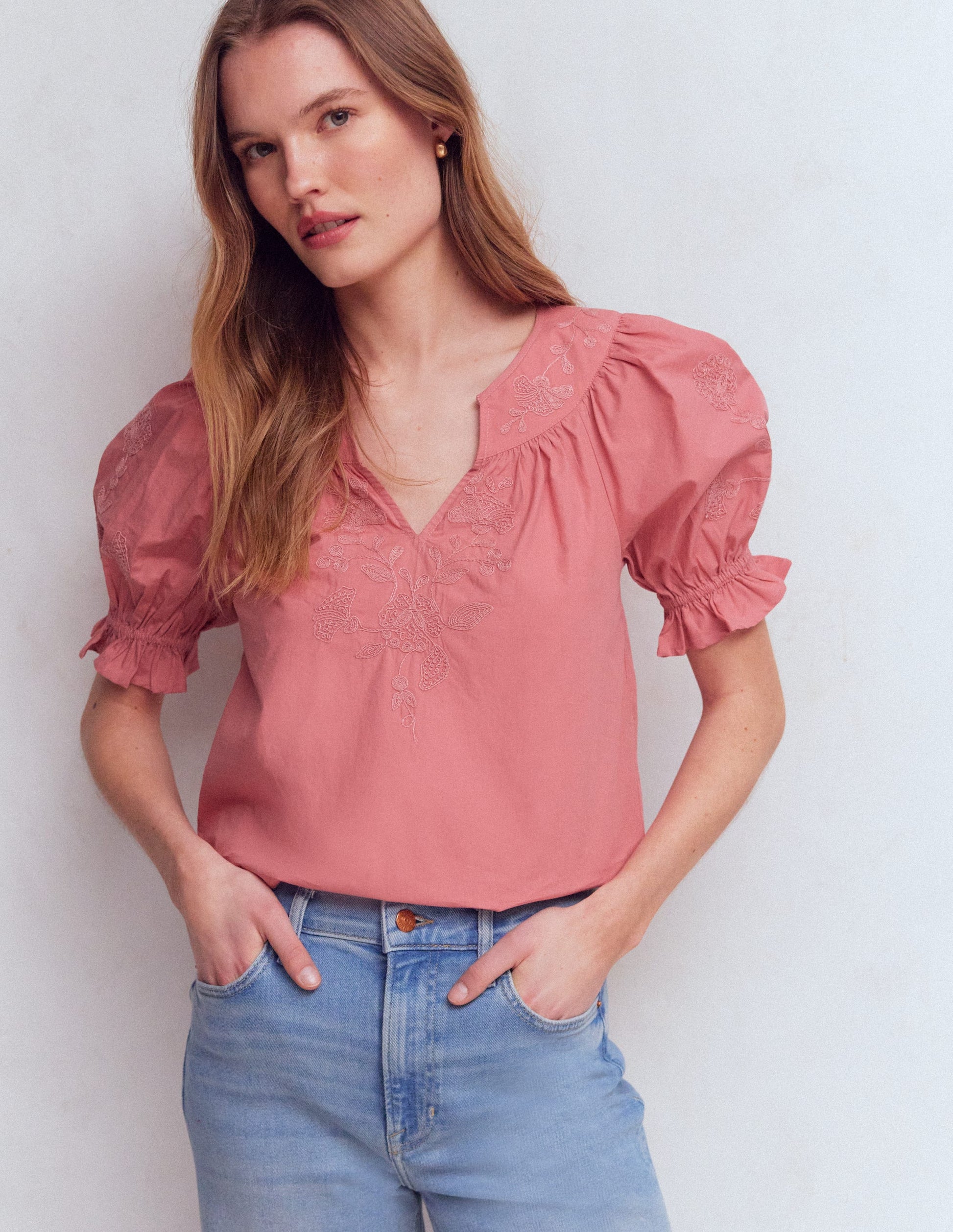 Cotton Embroidered Yoke Top-Vintage Rose Embroidered-4