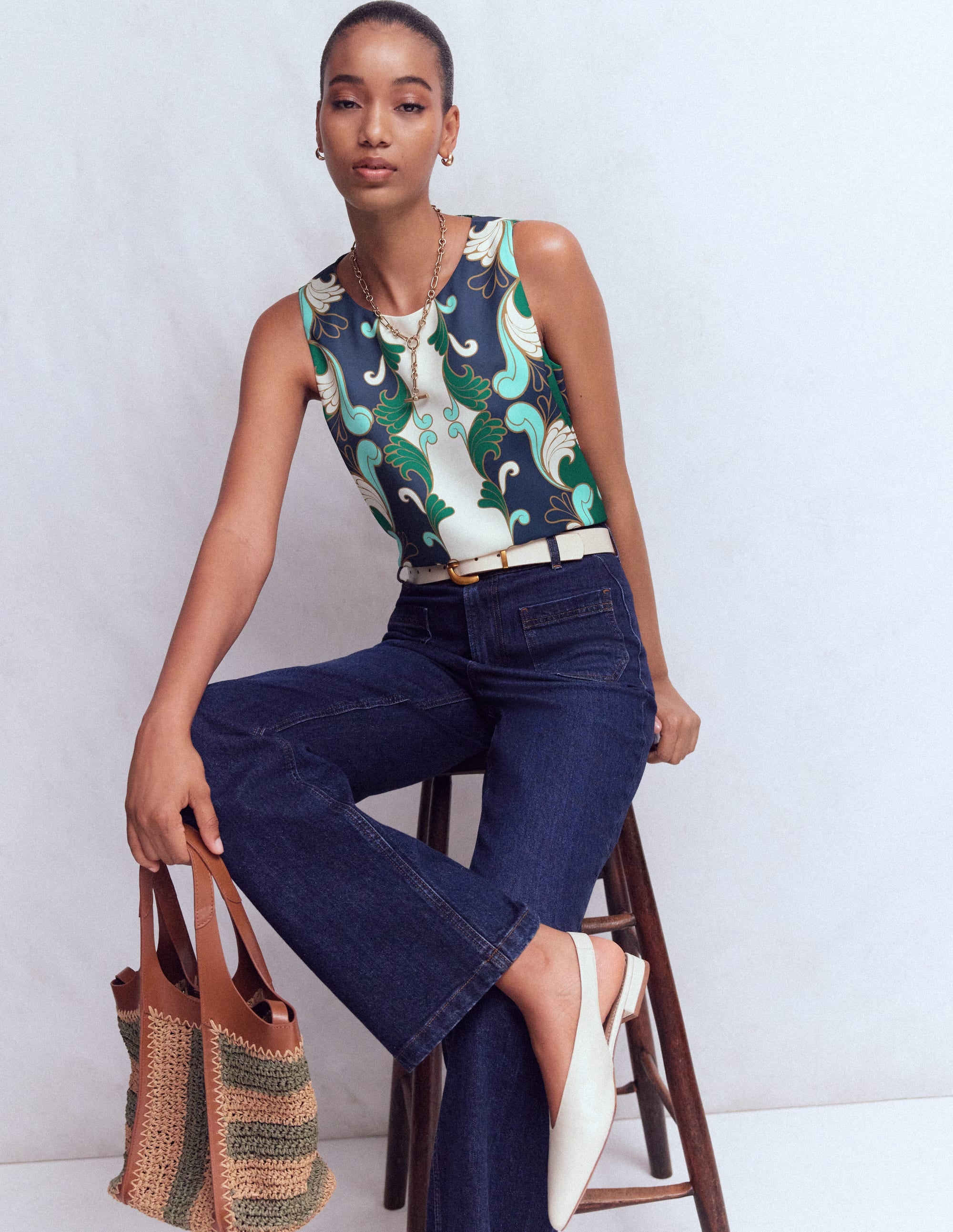 Relaxed Sleeveless Shell Top-Ivory, Foliage Whirl - Image 5
