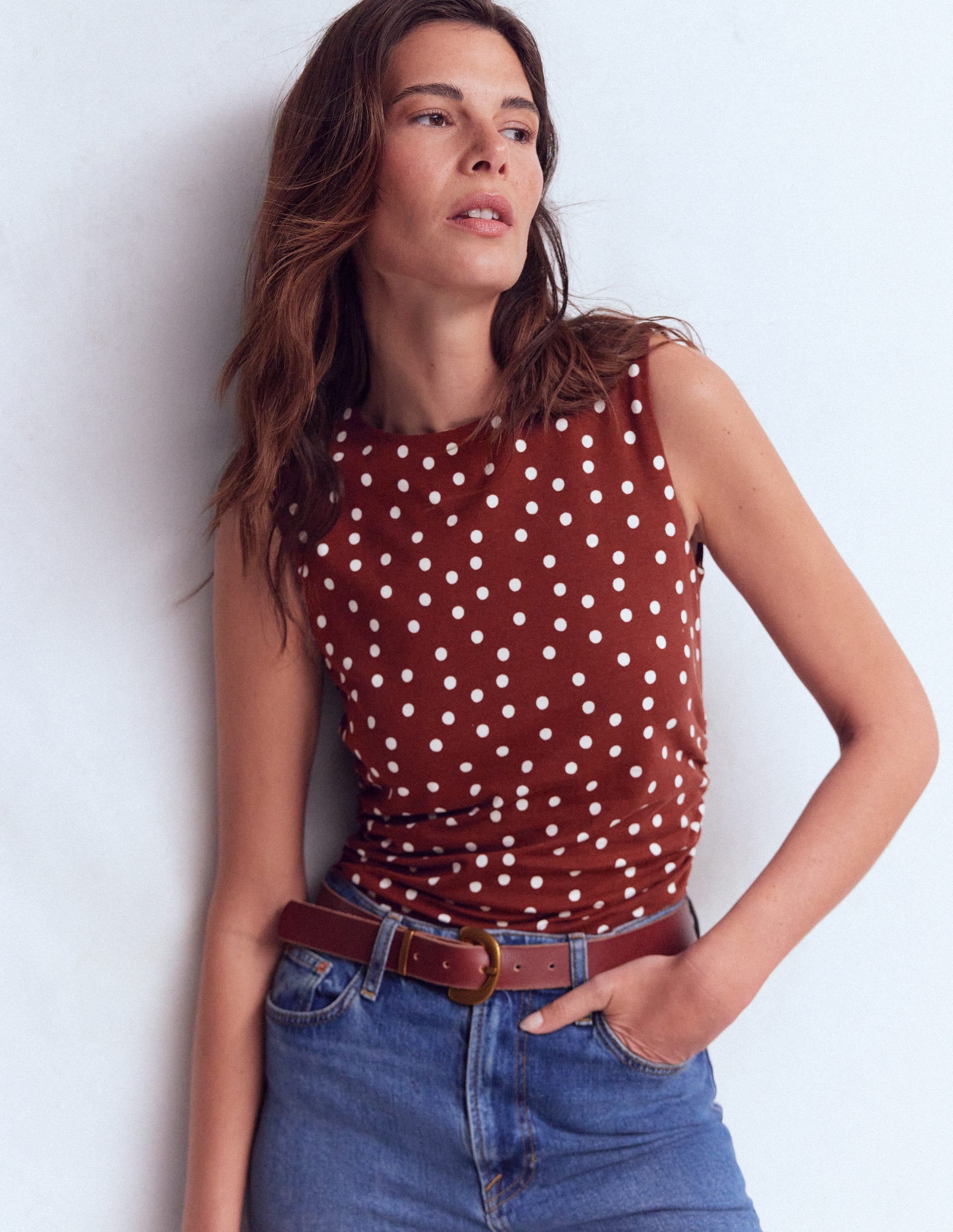 Tia Sleeveless Ruch Jersey Top-Bitter Chocolate & Ivory Spot - Image 1