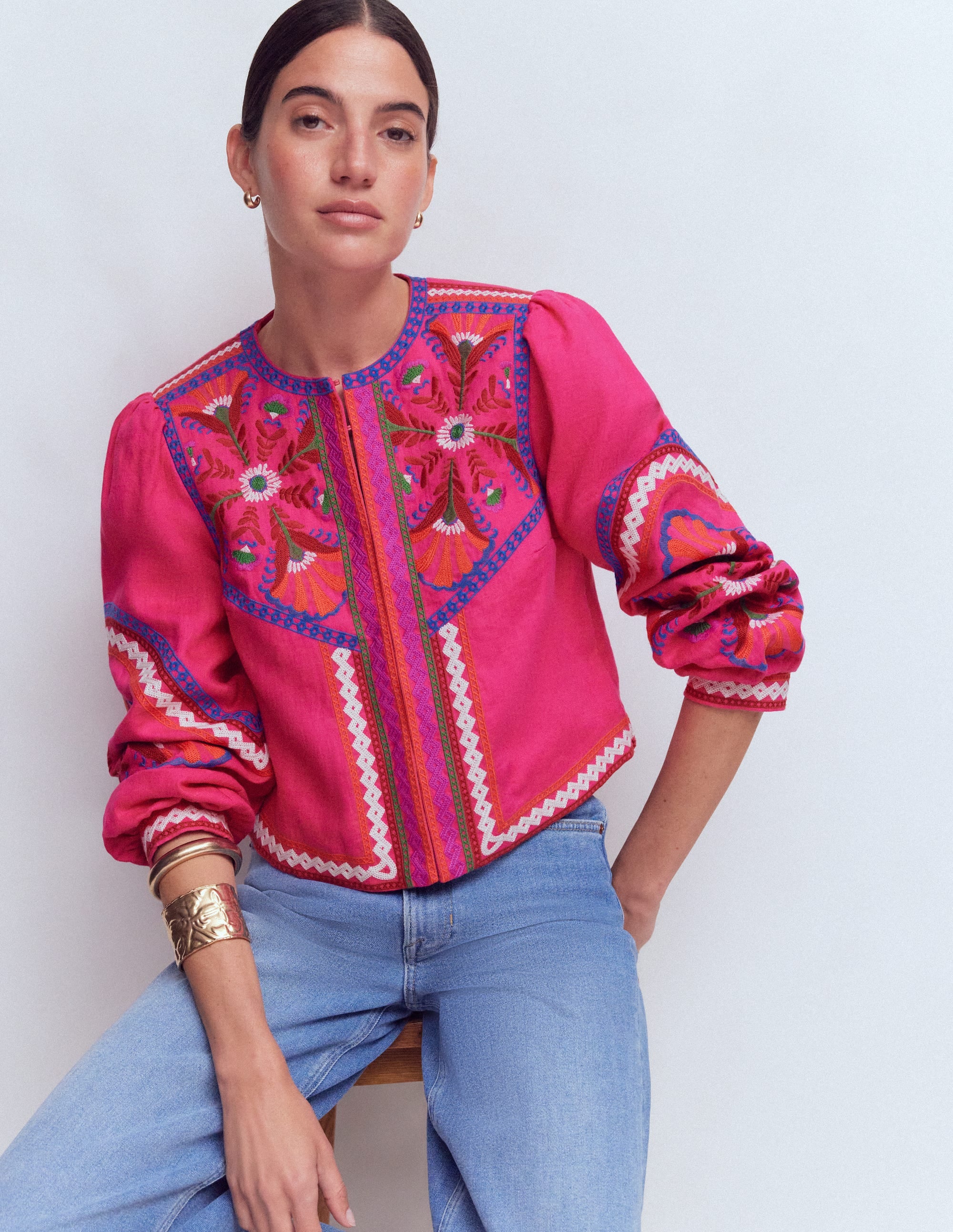 Embroidered Linen Jacket-Pink Peony, Embroidered - Image 1
