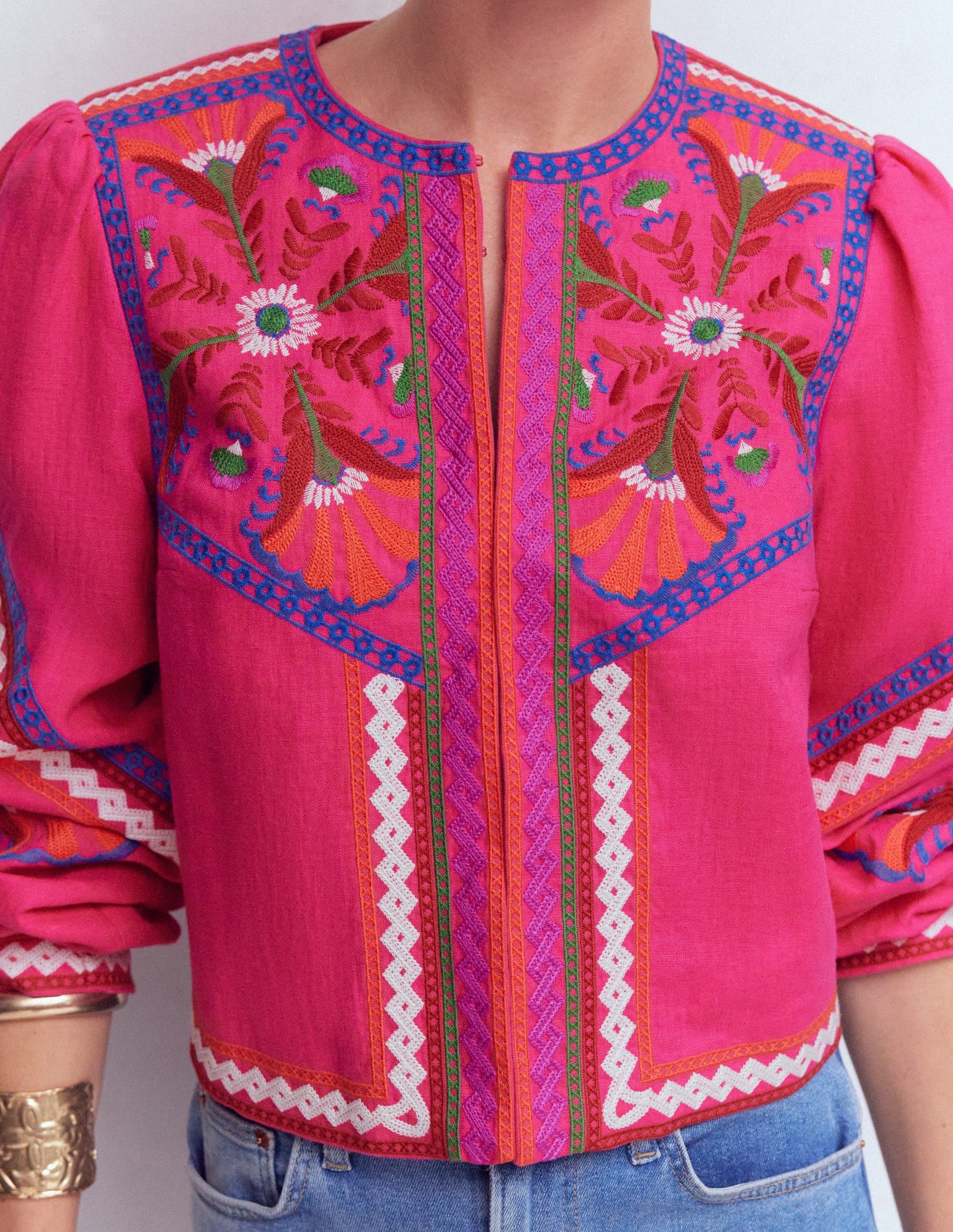 Embroidered Linen Jacket-Pink Peony, Embroidered - Image 2