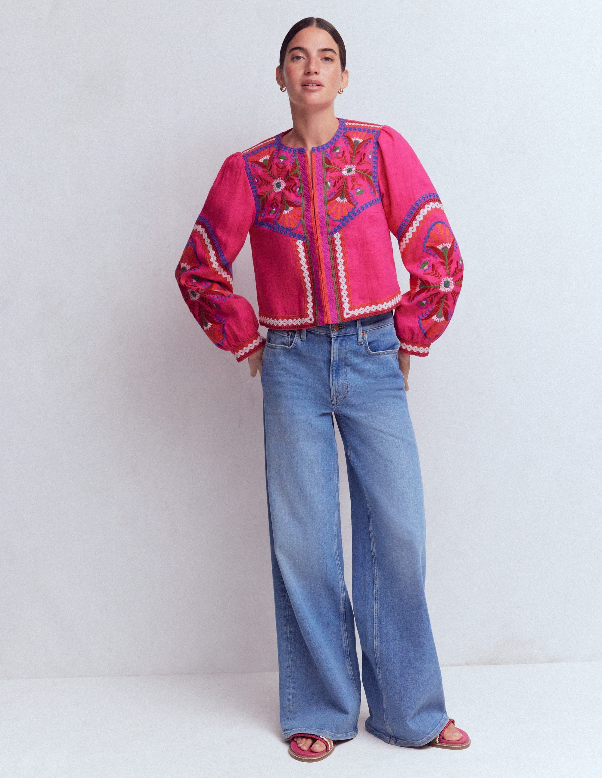 Embroidered Linen Jacket-Pink Peony, Embroidered - Image 3
