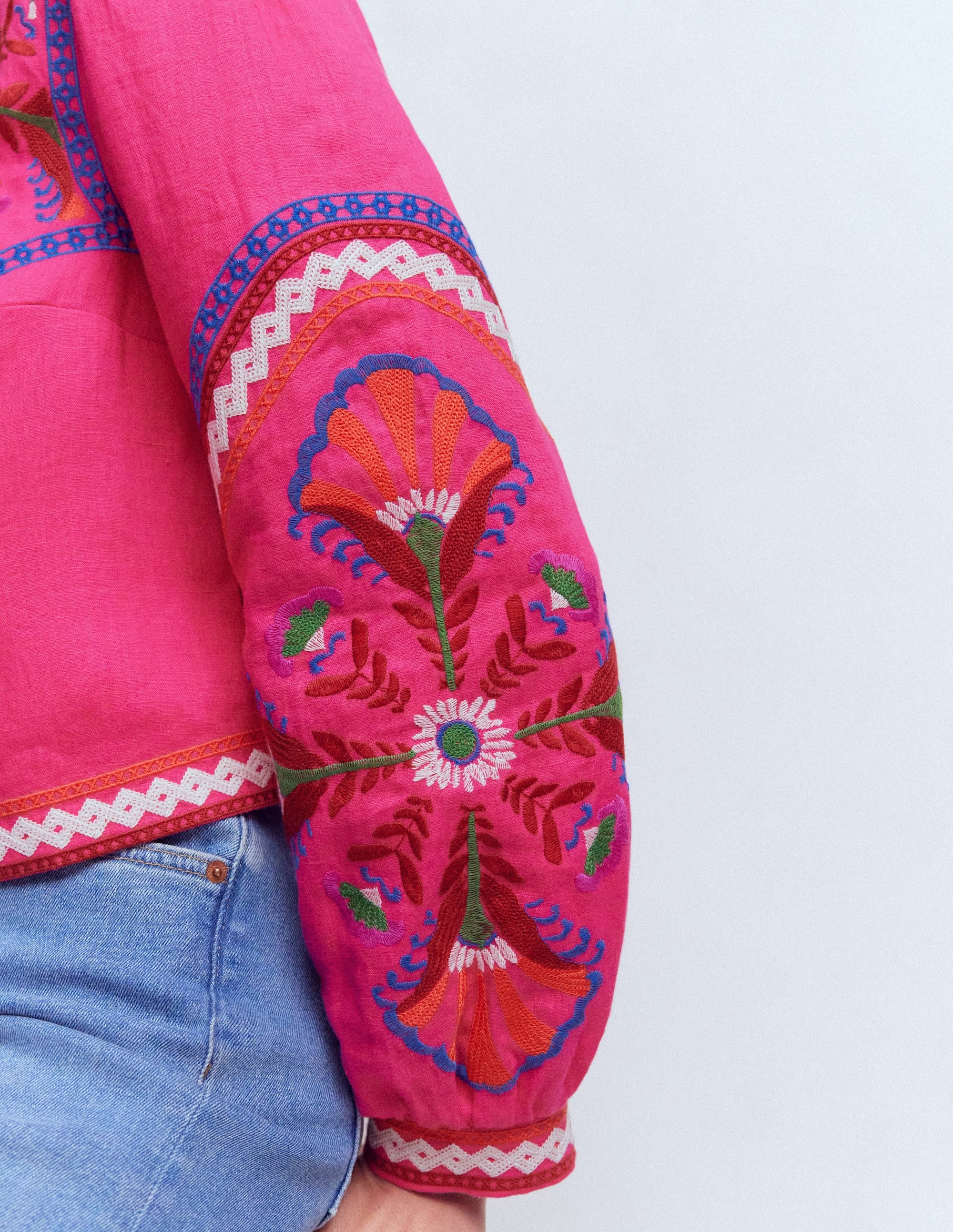 Embroidered Linen Jacket-Pink Peony, Embroidered - Image 4