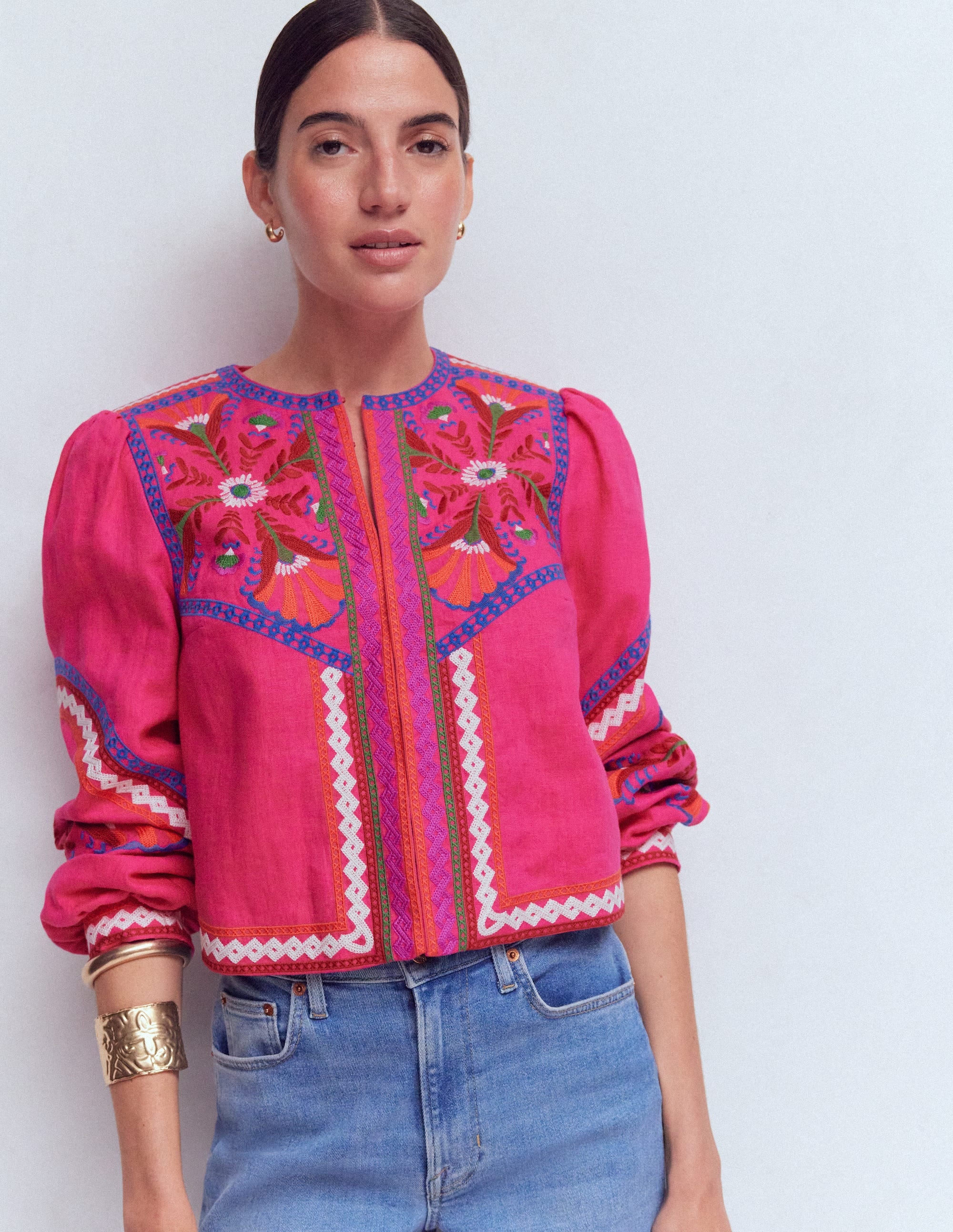 Embroidered Linen Jacket-Pink Peony, Embroidered - Image 5