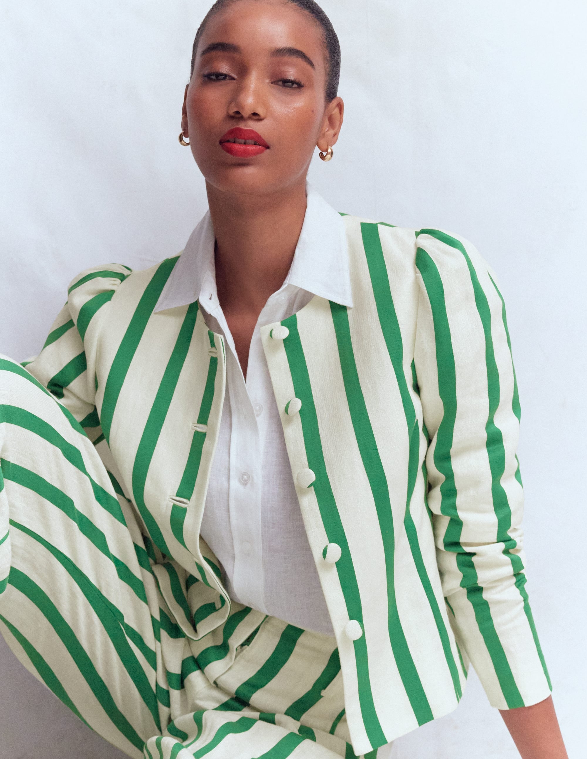 Salisbury Puff Sleeve Jacket-Ivory, Fresh Green Stripe - Image 1