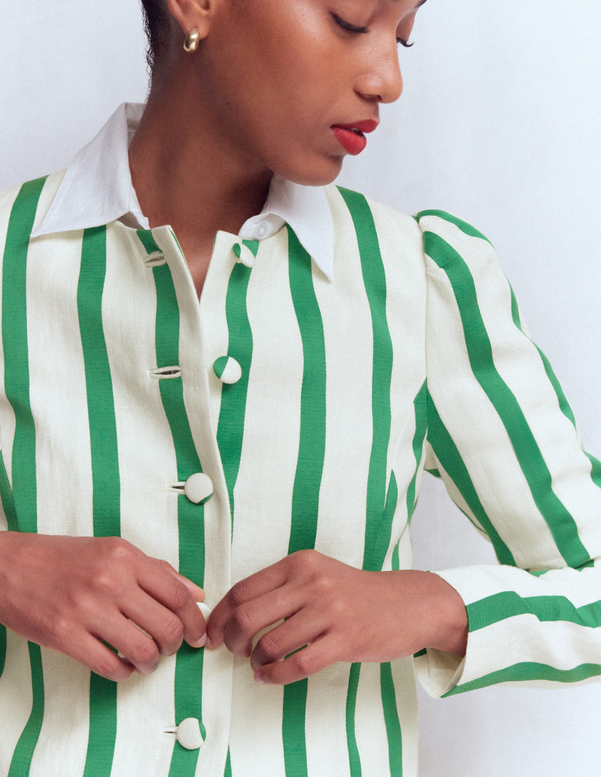 Salisbury Puff Sleeve Jacket-Ivory, Fresh Green Stripe - Image 3