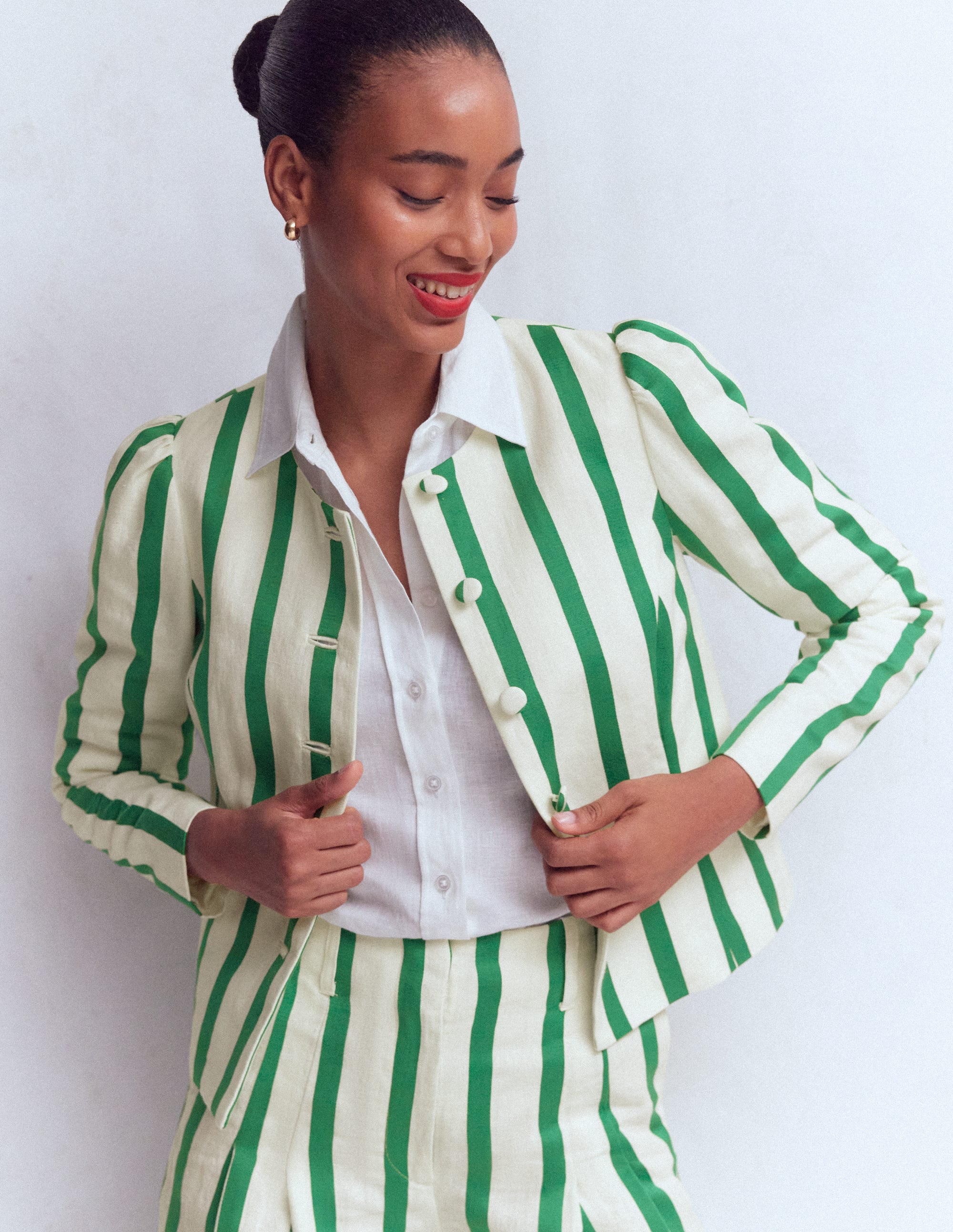 Salisbury Puff Sleeve Jacket-Ivory, Fresh Green Stripe - Image 5