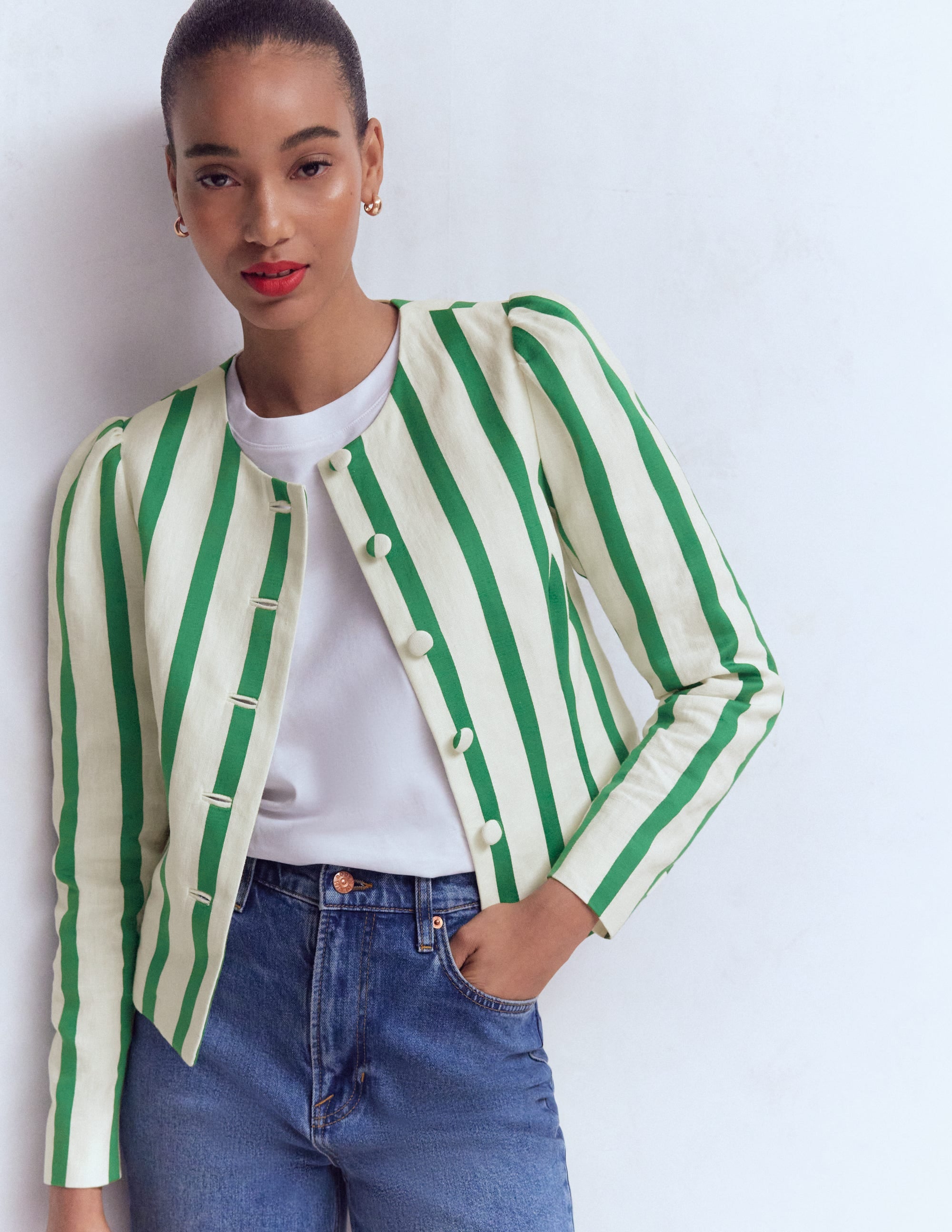 Salisbury Puff Sleeve Jacket-Ivory, Fresh Green Stripe - Image 6