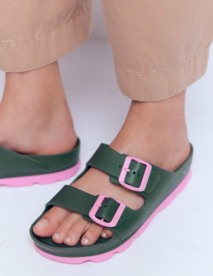 Lyla Double Buckle Sliders-Khaki/Pink-1