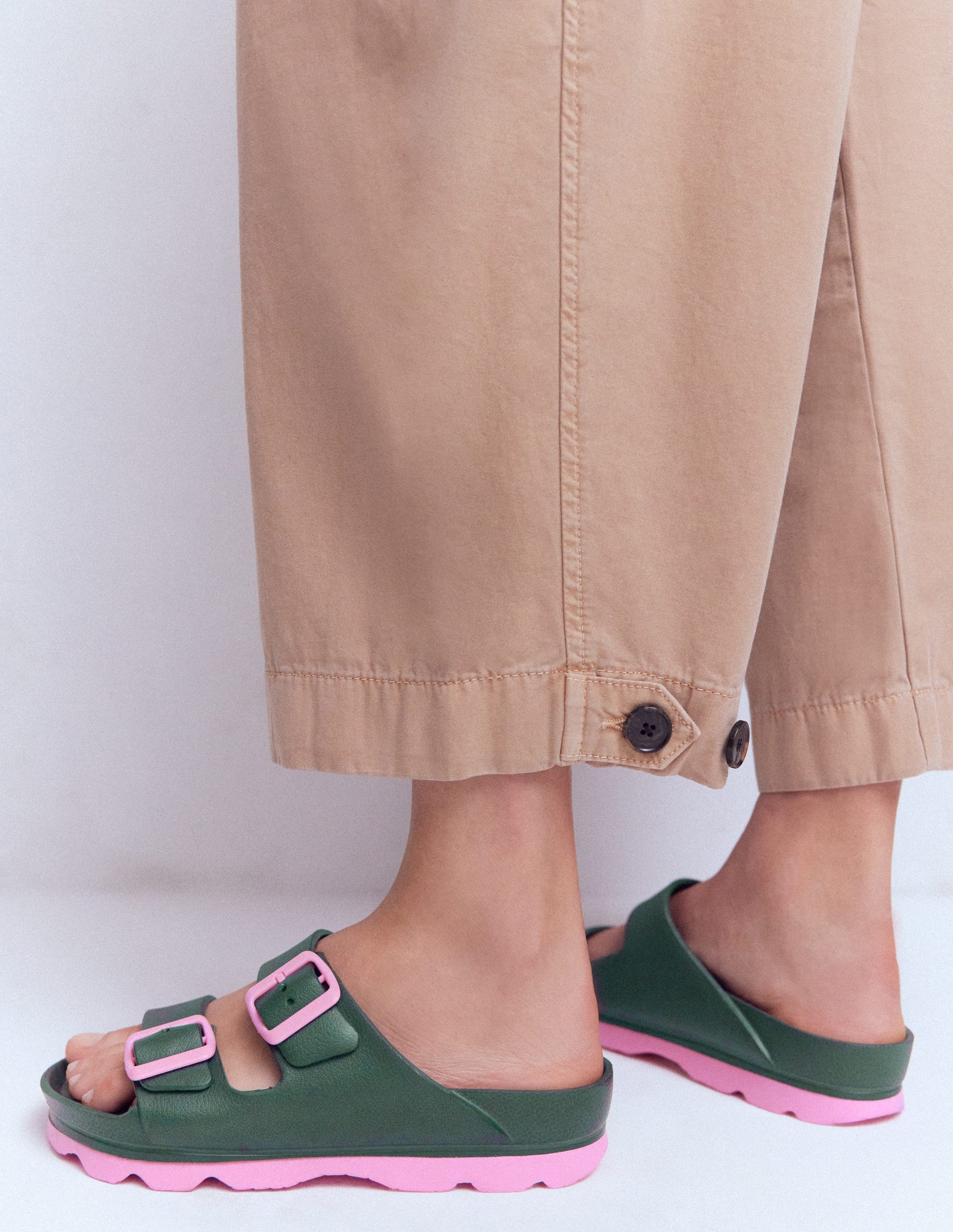 Lyla Double Buckle Sliders-Khaki/Pink-3