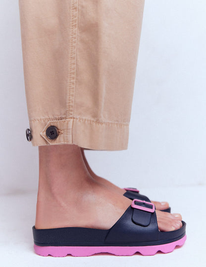 Lyla Single Buckle Sliders-Navy/Pink-2
