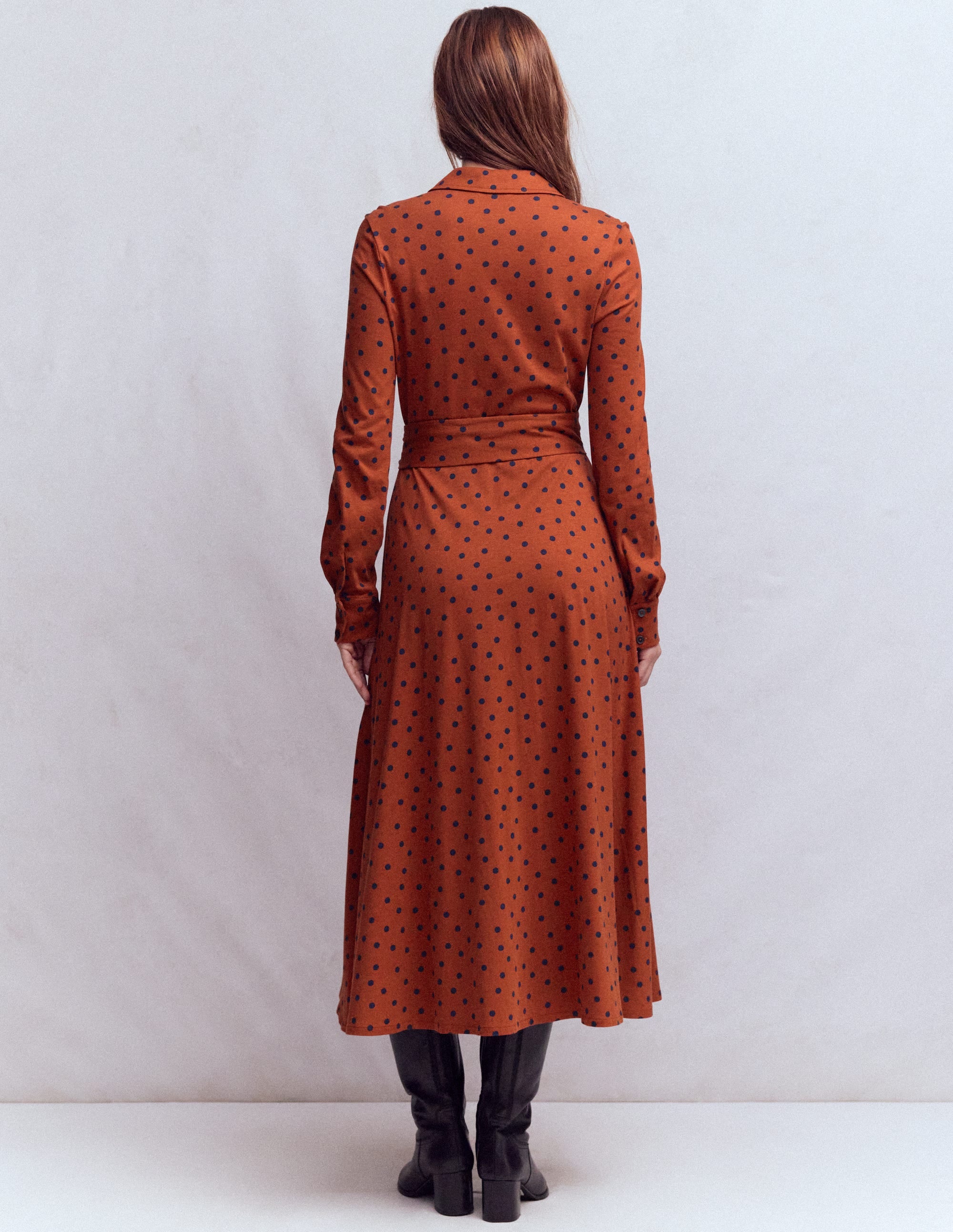 Marcia Jersey Shirt Dress-Burnt Orange, Navy Spot - Image 3