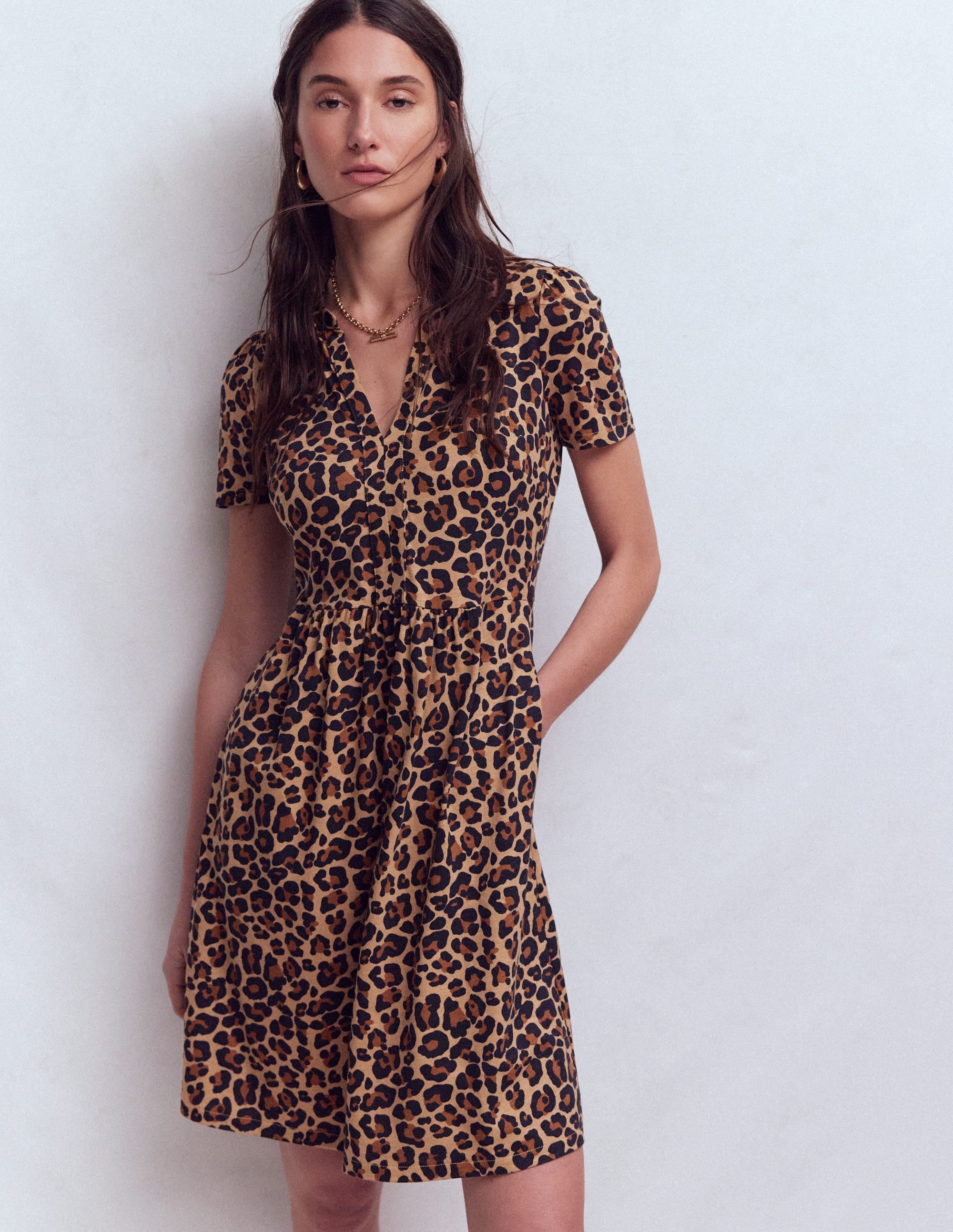 Naomi Short Sleeve Dress-Camel, Cheetah Pop - Image 1