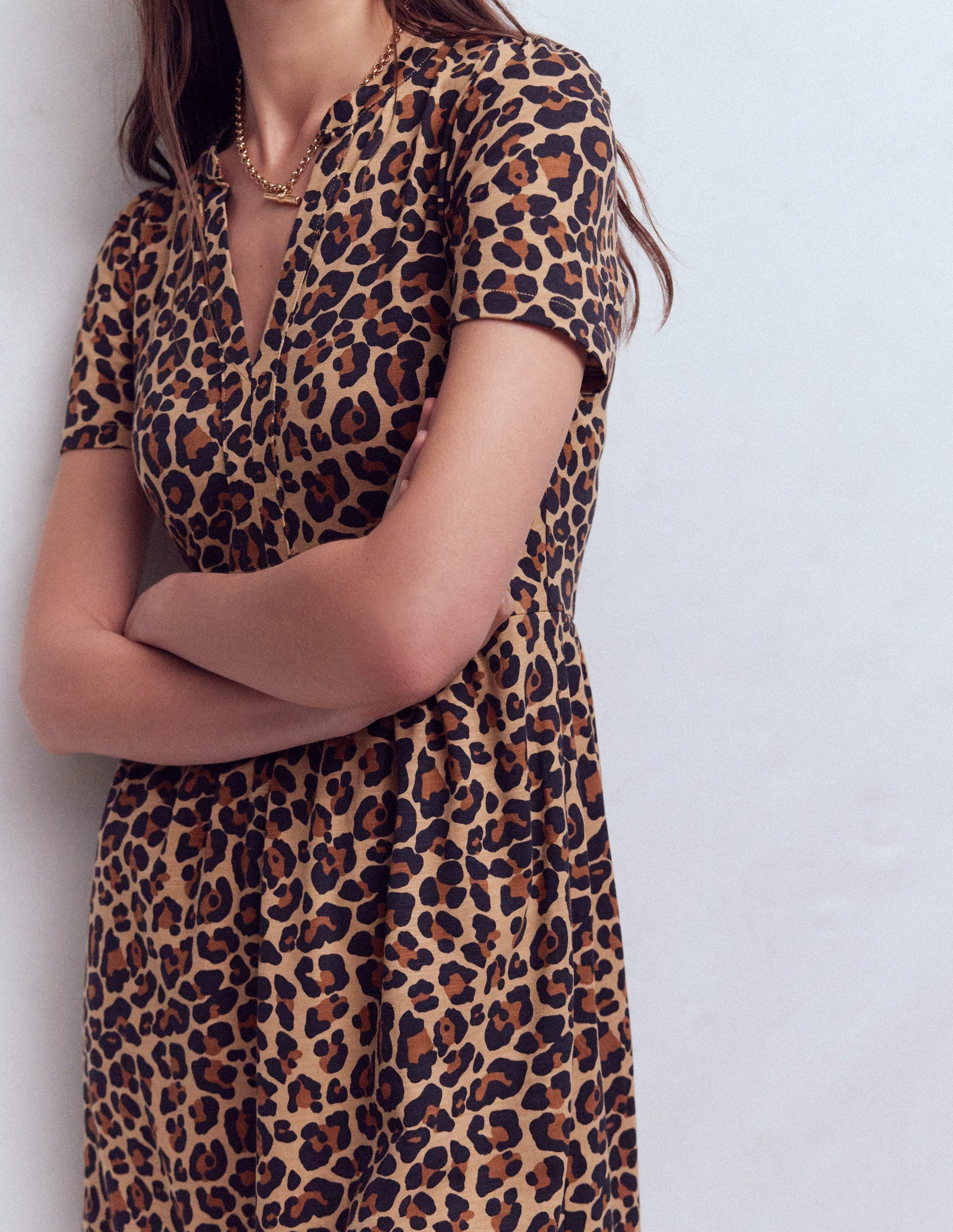 Naomi Short Jersey Dress-Camel, Cheetah Pop-2