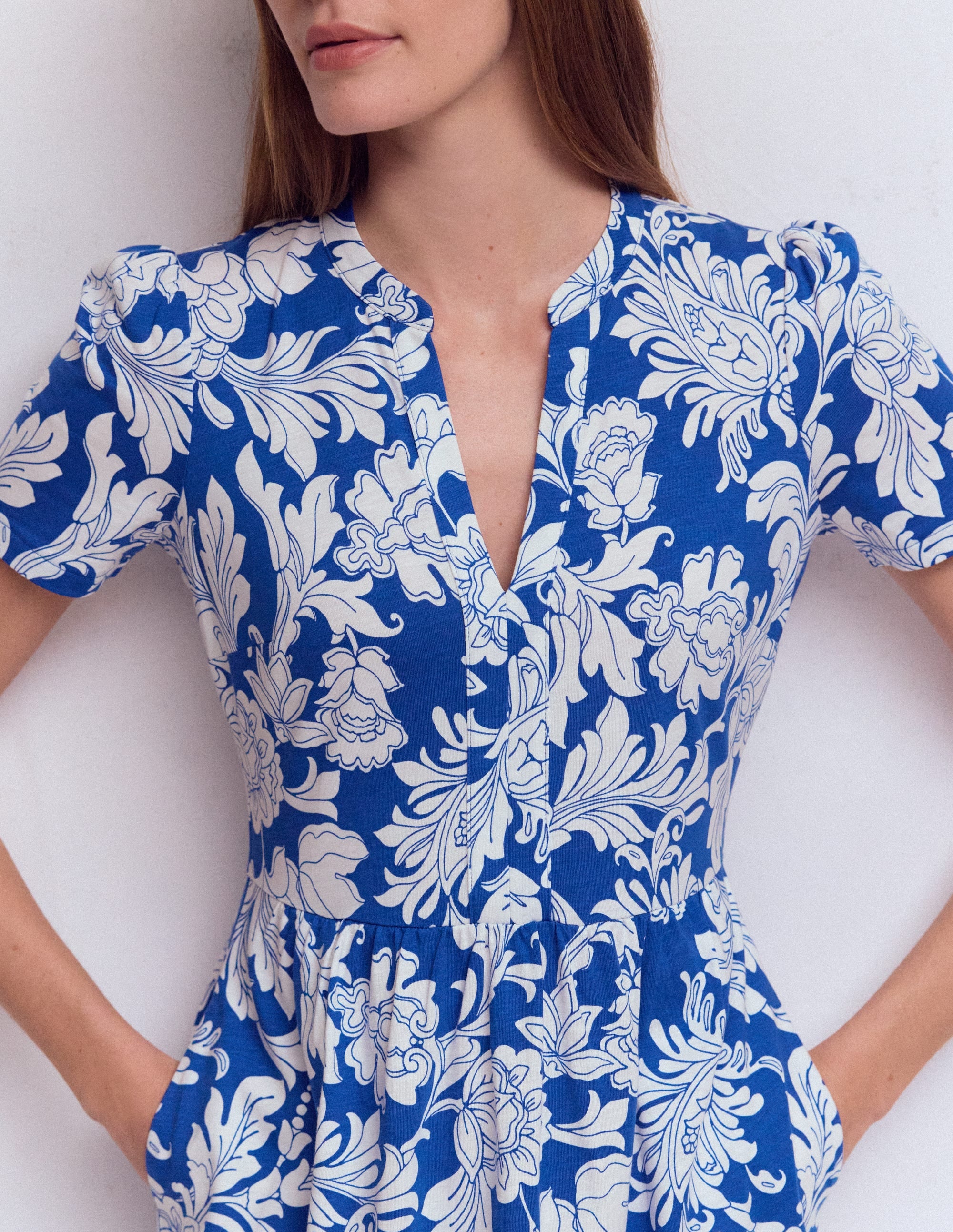 Naomi Short Sleeve Dress-Blue, Botanical Flourish Mono - Image 3