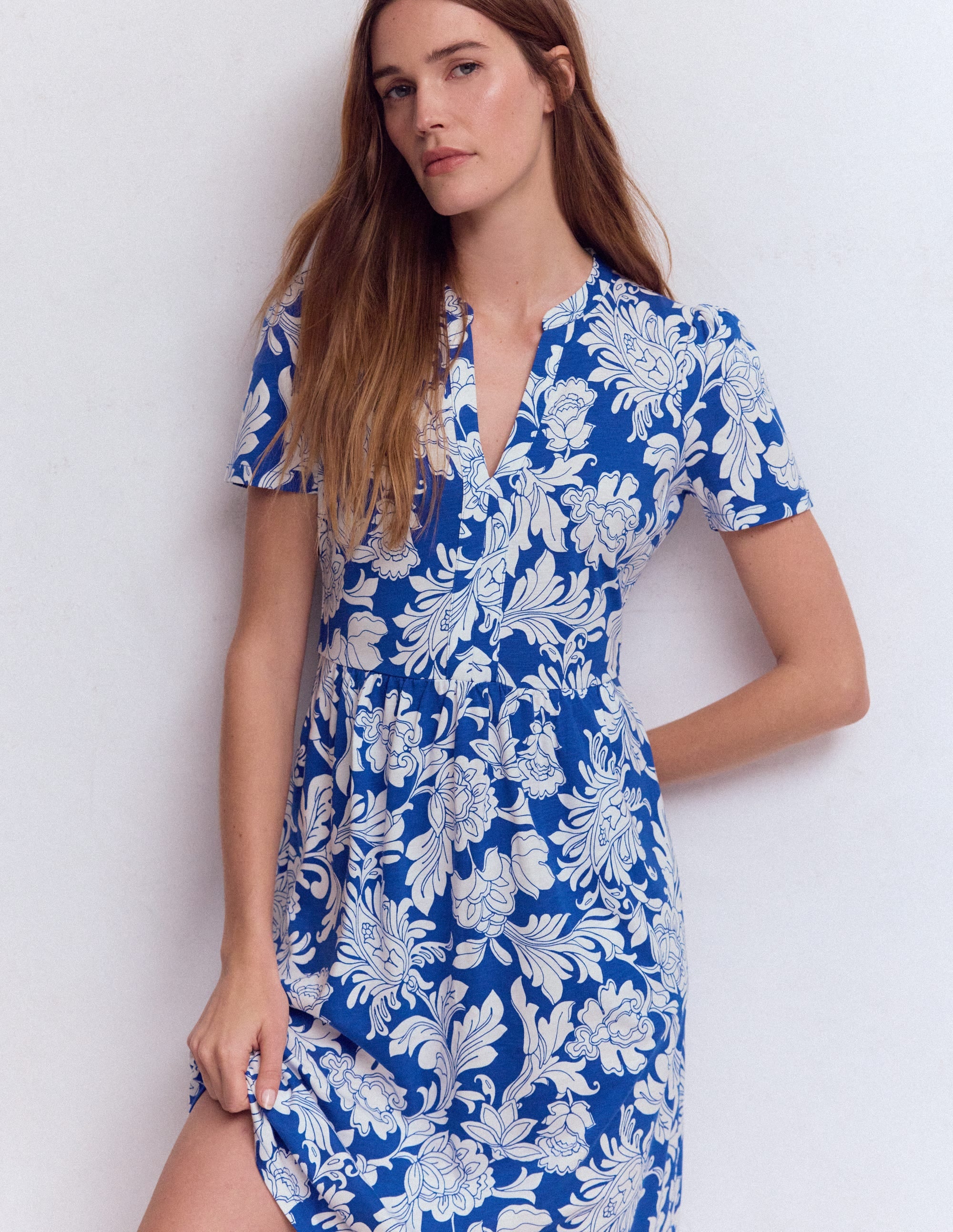 Naomi Short Sleeve Dress-Blue, Botanical Flourish Mono - Image 1