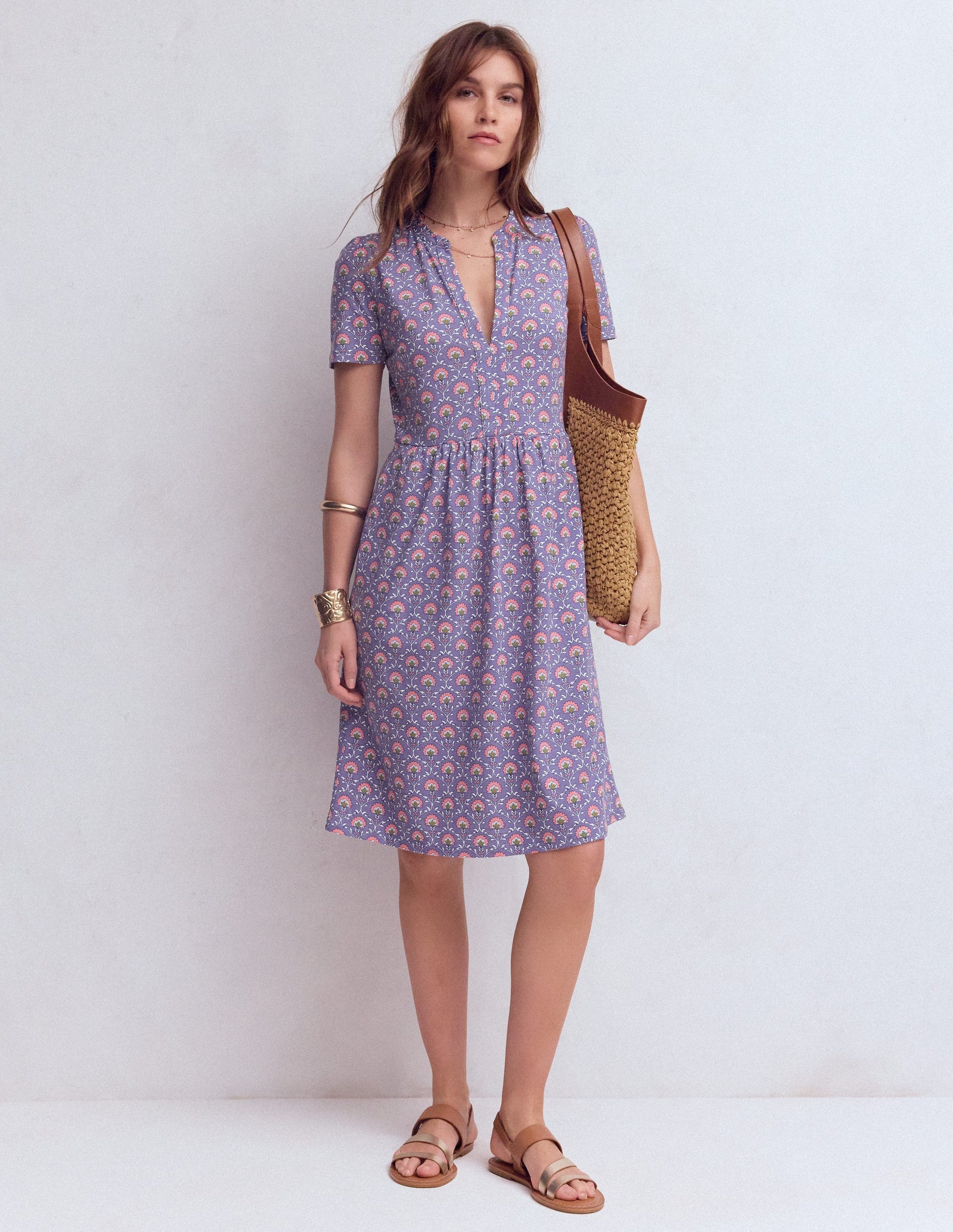 Naomi Short Sleeve Dress-Purple Thistle, Flower Lattice-1