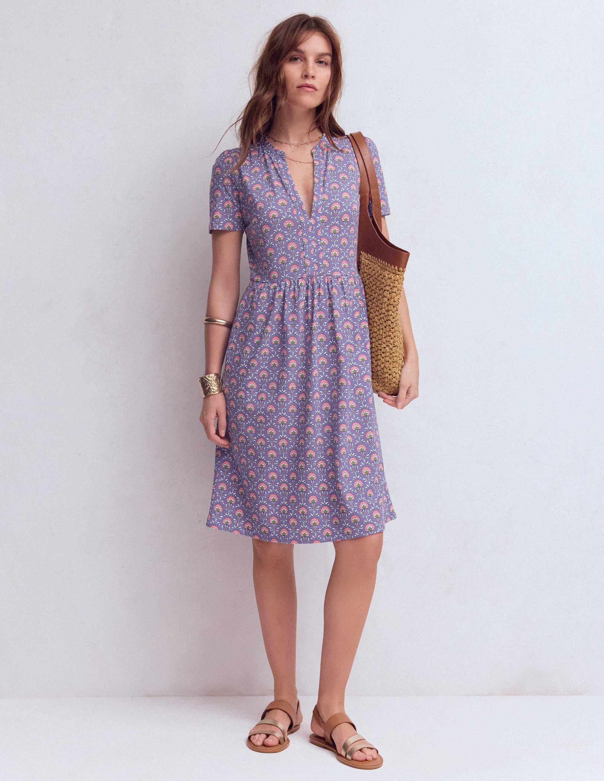 Naomi Short Sleeve Dress-Purple Thistle, Flower Lattice - Image 1