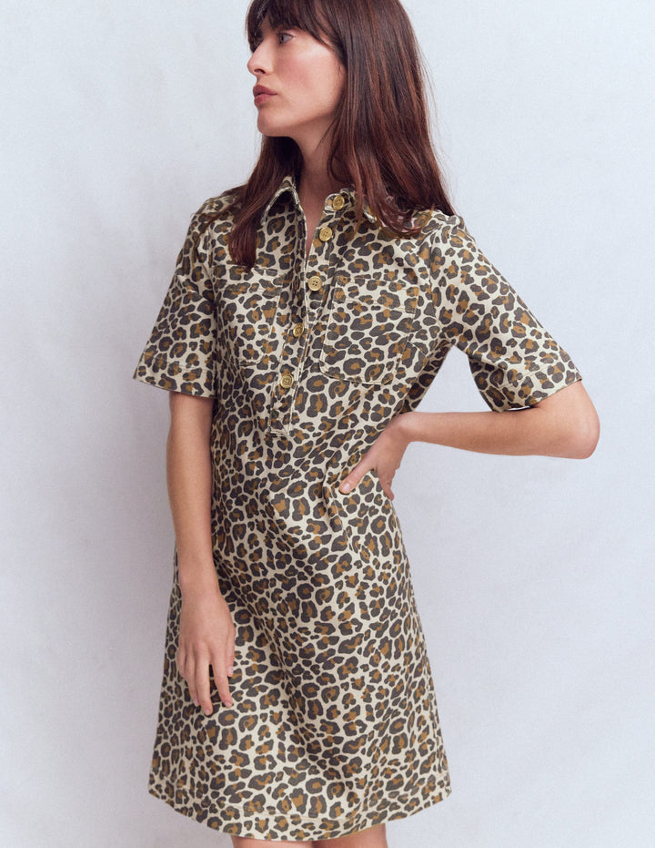 Zia Denim Pocket Shift Dress-Almond Milk, Cheetah Pop