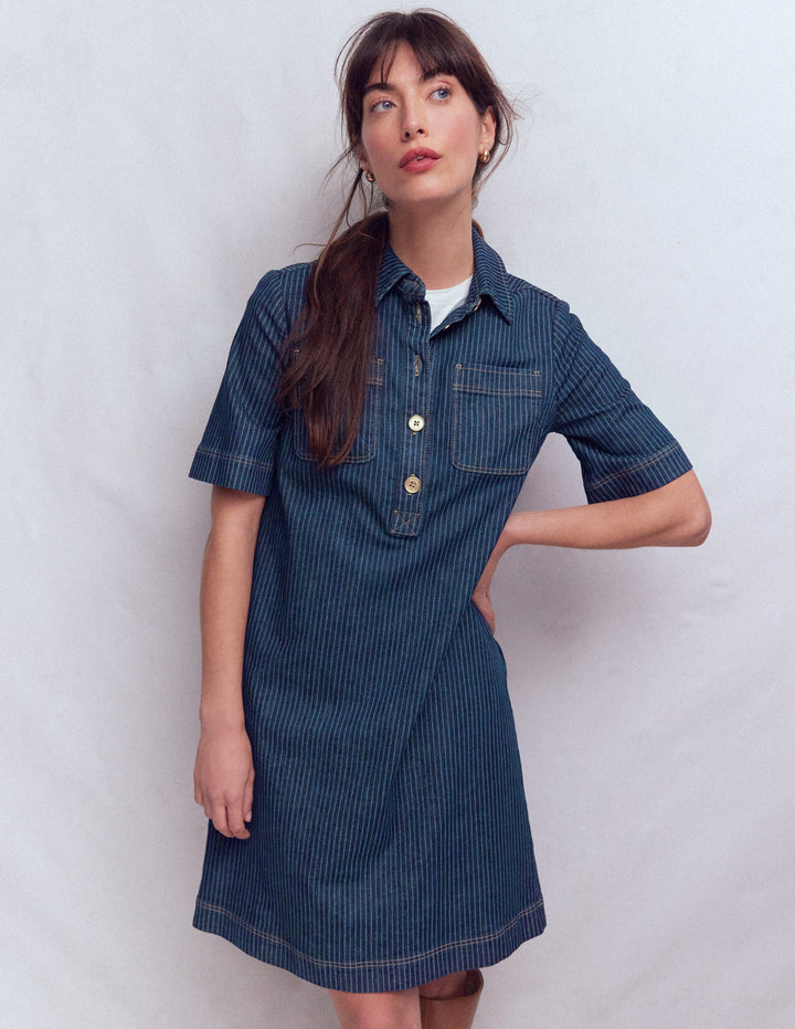 Zia Pocket Shift Dress-Indigo Stripe