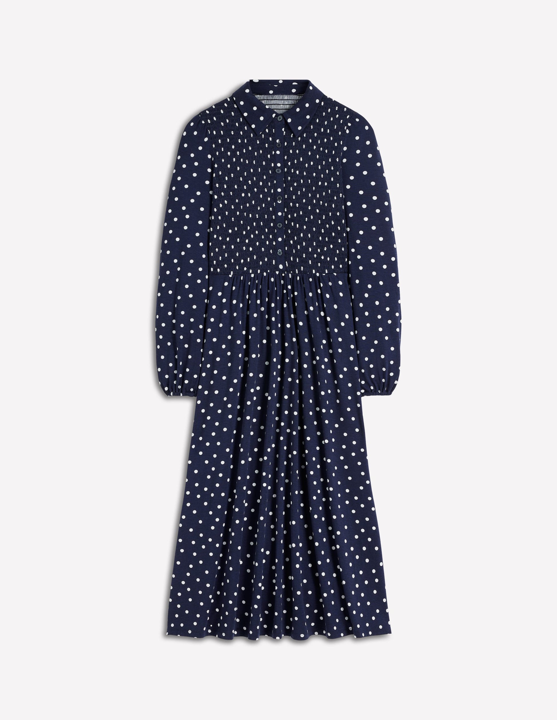 Smocked Jersey Shirt Dress-Navy Spot-7