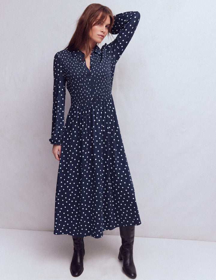 Smocked Jersey Dress-French Navy, Painted Dot