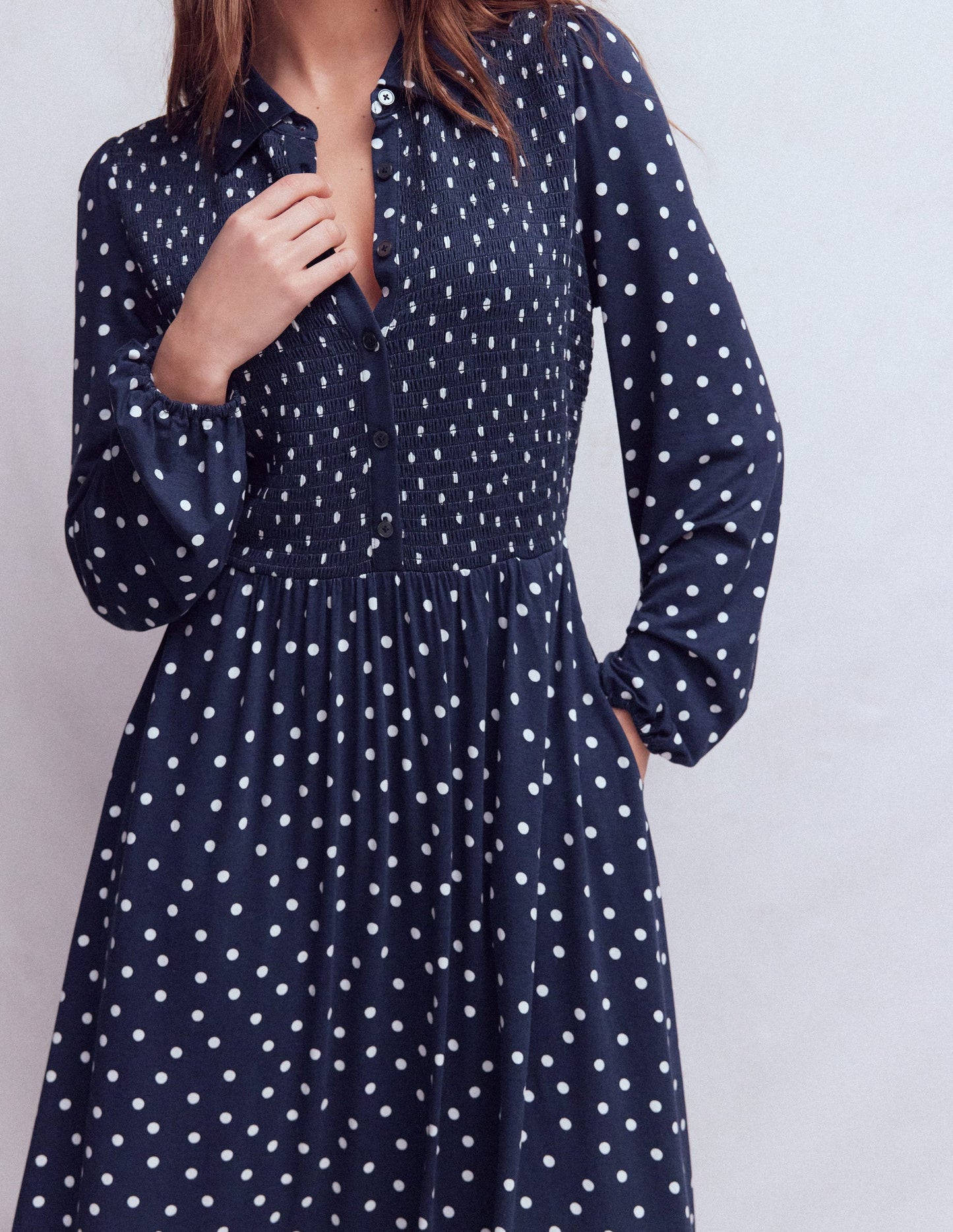 Smocked Jersey Shirt Dress-Navy Spot