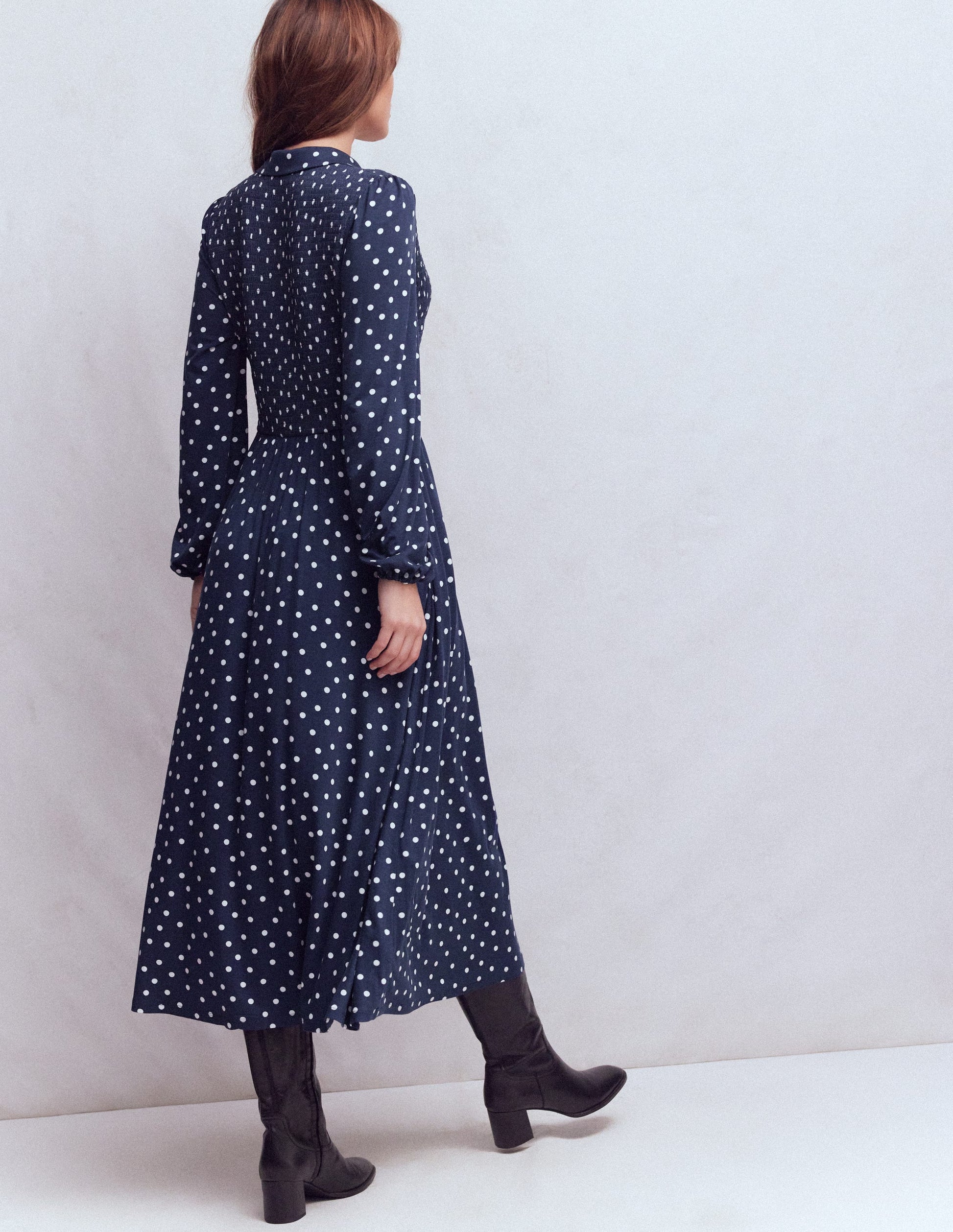 Smocked Jersey Shirt Dress-Navy Spot-4