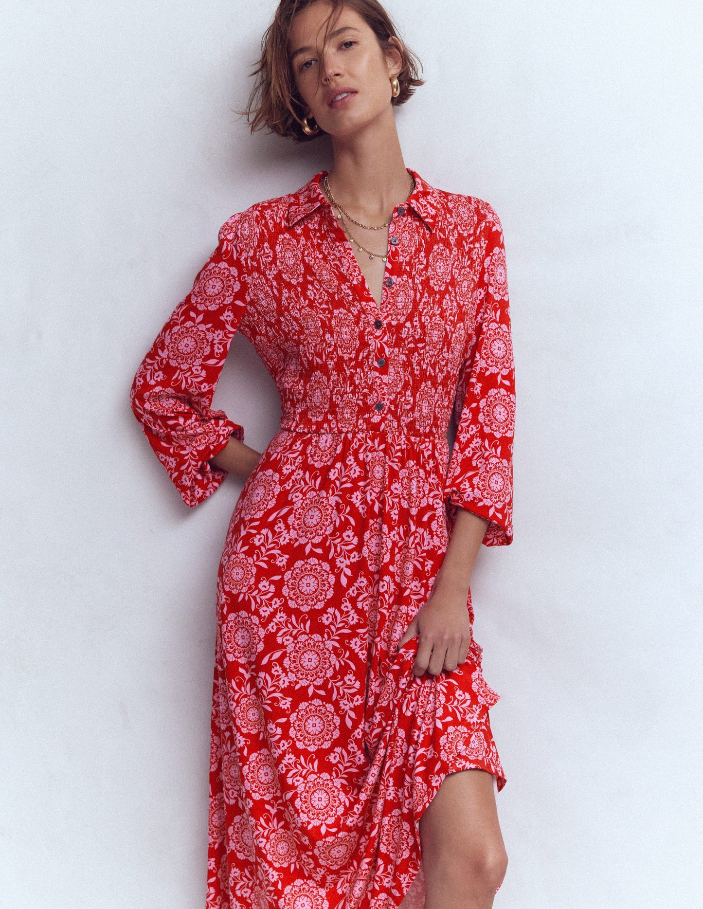 Smocked Jersey Shirt Dress-Merida Red, Decorative Blossom