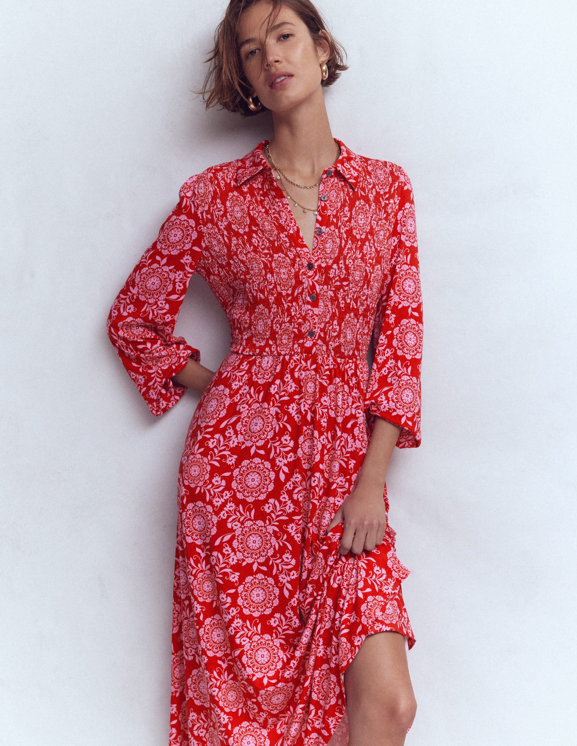Smocked Jersey Dress-Merida Red, Decorative Blossom - Image 2