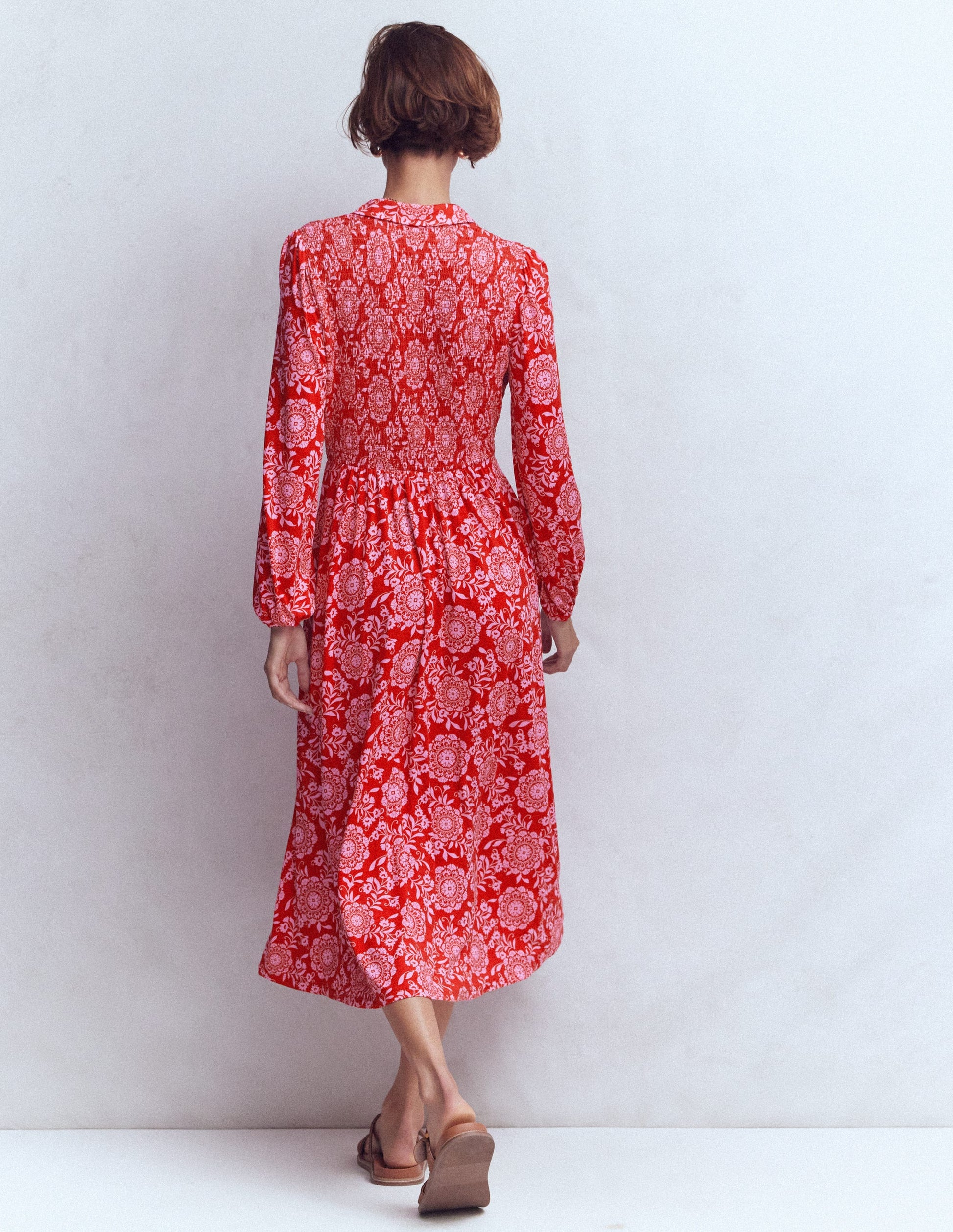 Smocked Jersey Shirt Dress-Merida Red, Decorative Blossom-4