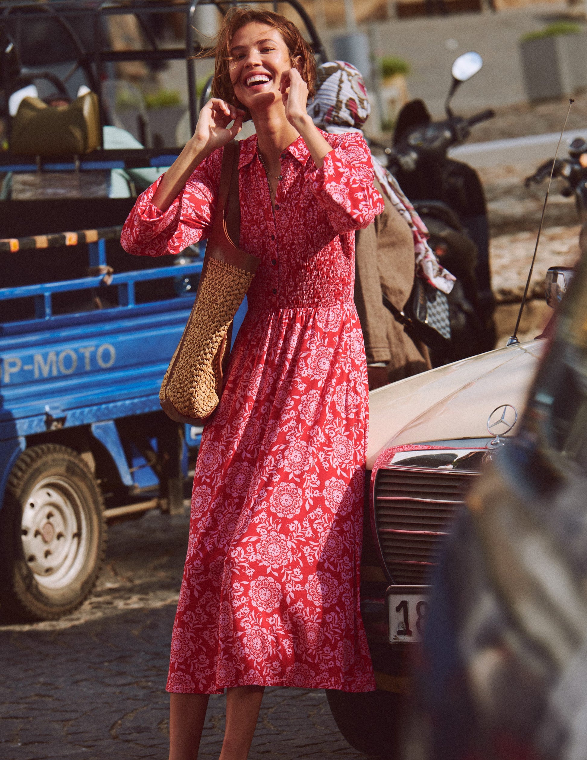 Smocked Jersey Shirt Dress-Merida Red, Decorative Blossom | Boden Global Smocked Jersey Shirt Dress-Merida Red, Decorative Blossom | Boden Global